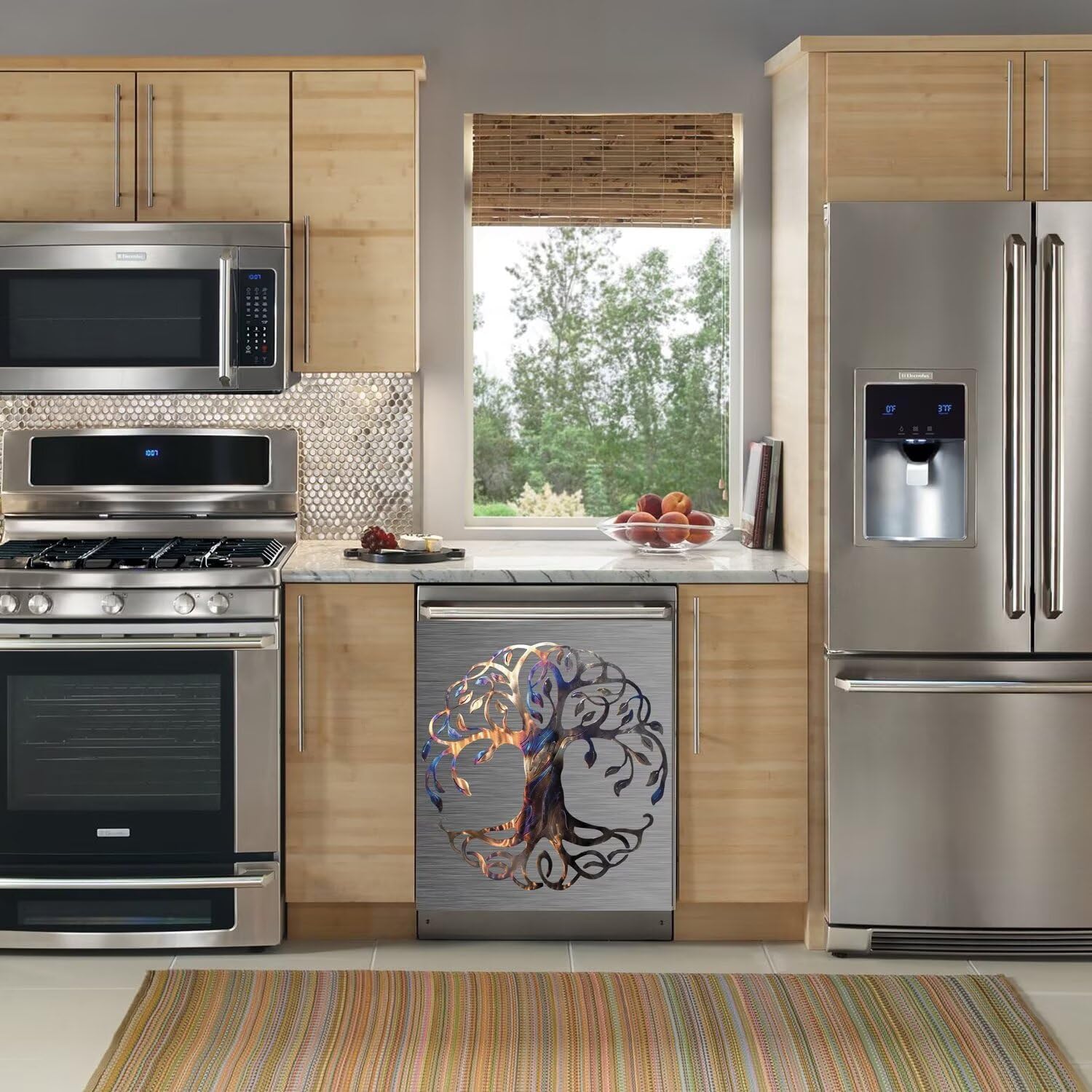 Colored Metal Tree of Life Dishwasher Magnet Cover Kitchen Vinyl Decal, Grey Stainless Steel Magnetic Refrigerator Skin Door Cover, Home Appliance Decoration Cover Reusable (23" W x 26" H Magnetic)