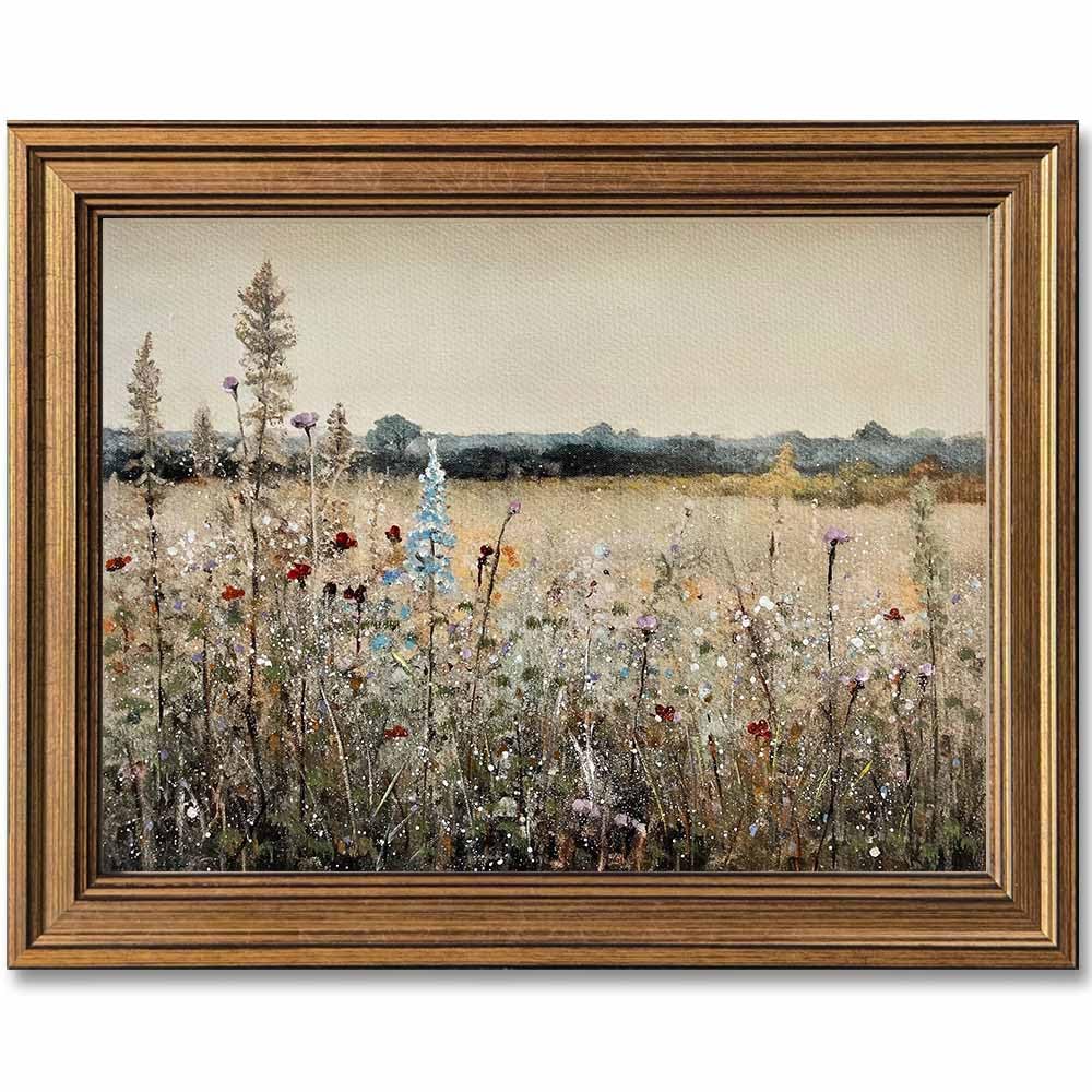 Yeechine Złota oprawiona sztuka ścienna vintage klasyczny francuski krajobraz polne kwiaty obraz botaniczny wydruk na płótnie kuchnia salon dekoracja ścienna (Champ Fleuri, 20 x 25 cm)