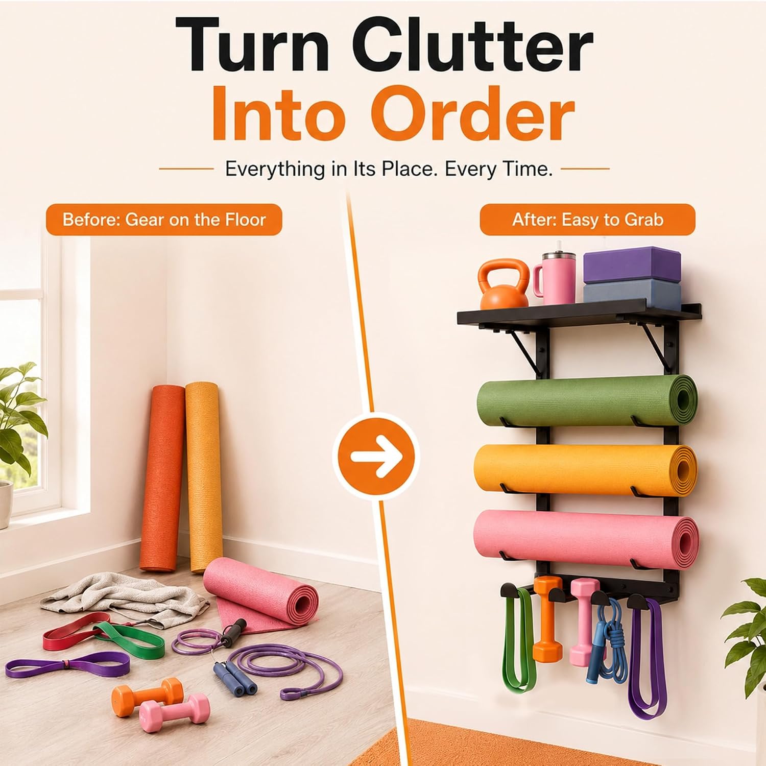 Yoga Mat Holder, Home Gym Storage Rack with Shelf, 6 Hooks and 4 Slots | Durable metal frame holds yoga mats, foam rollers and blocks, creating organized storage for home gyms and workout rooms