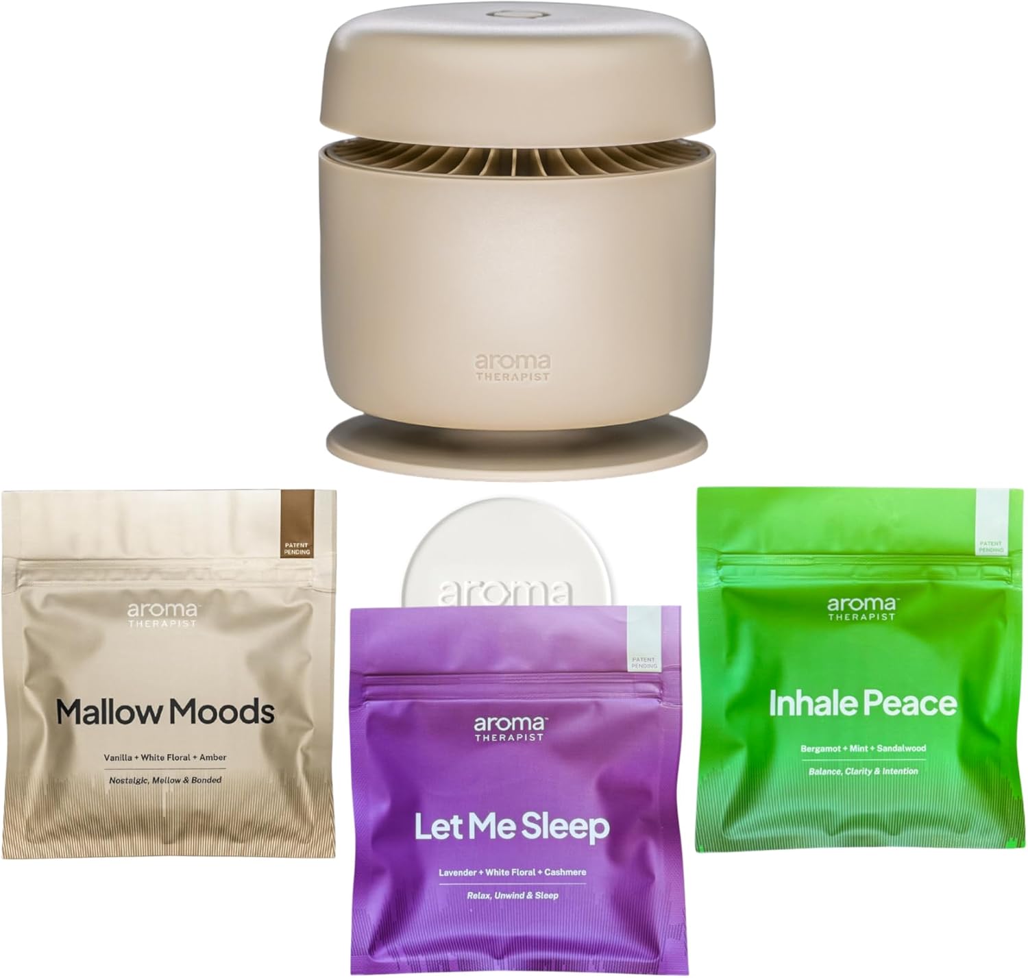 Chill Out Aromatherapy Bundle w/Beige AromaAmplifier Diffuser and 3-Pack of AromaPuck Scents (Inhale Peace, Mallow Moods, and Let Me Sleep)