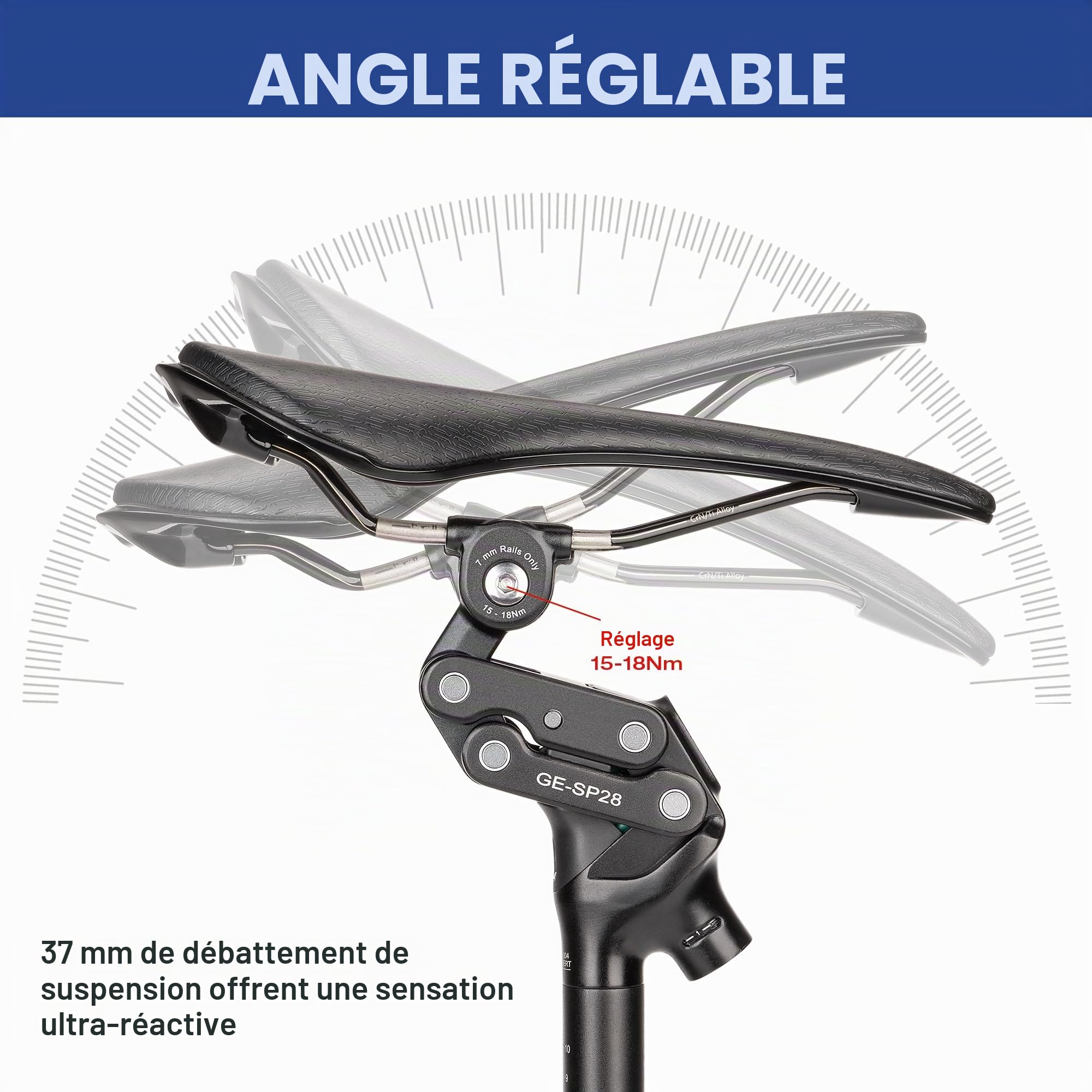 GEWAGE Tige de Selle à parallélogramme 4 Bras – Tige de Selle Suspendue Premium, débattement 37 mm, Design Ergonomique, Aluminium, sans Entretien, idéale pour VTT / E-Bike / Ville