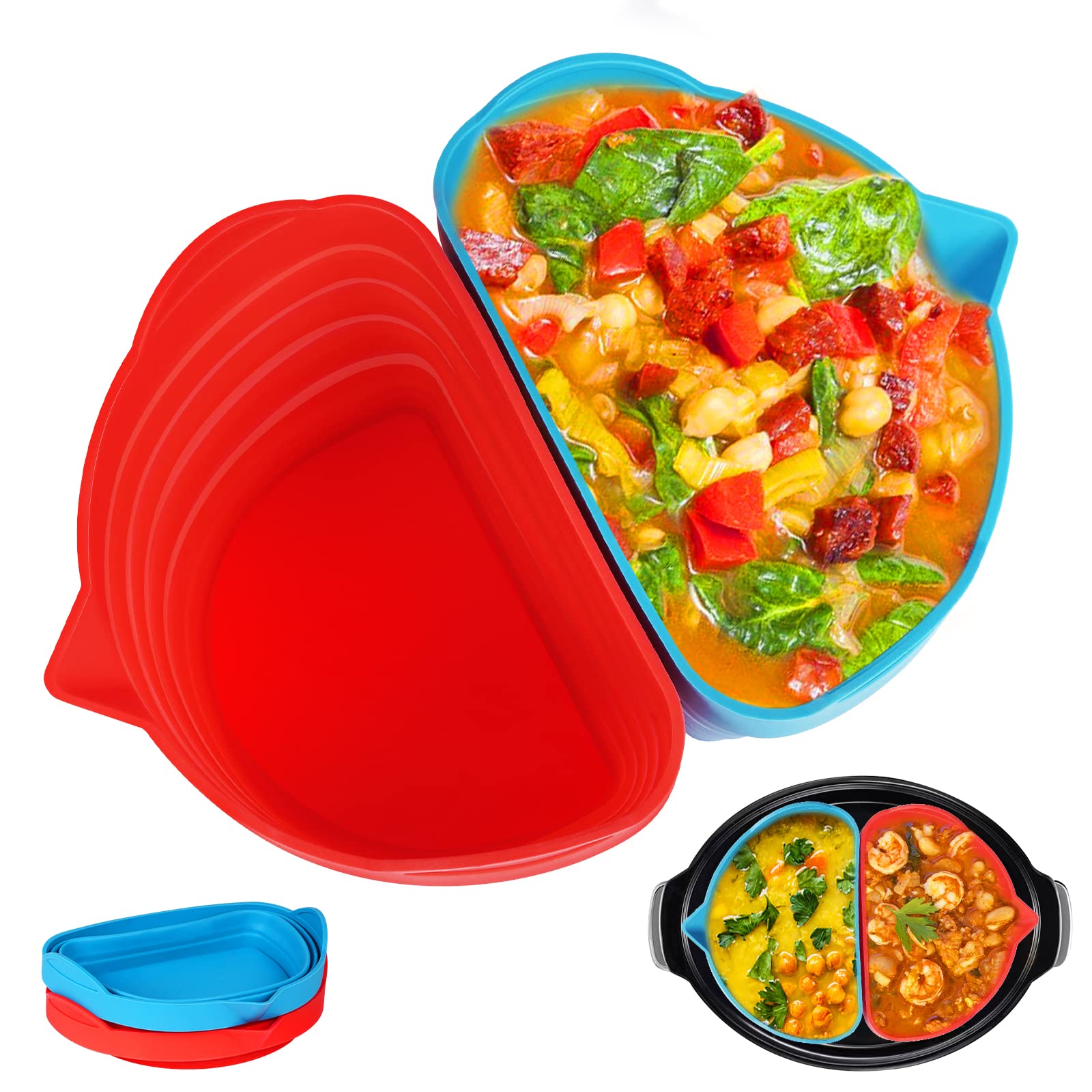 GQFOWE Multiuse Silicone Liner, 6 Quart Slow Cooker Divider, Dishwasher Safe, Silicone Insert, Non-Stick, BPA Free, Heat Resistant Up to 446 °F, Leakproof Divider Liner fit Crockpot (Blue+Red)