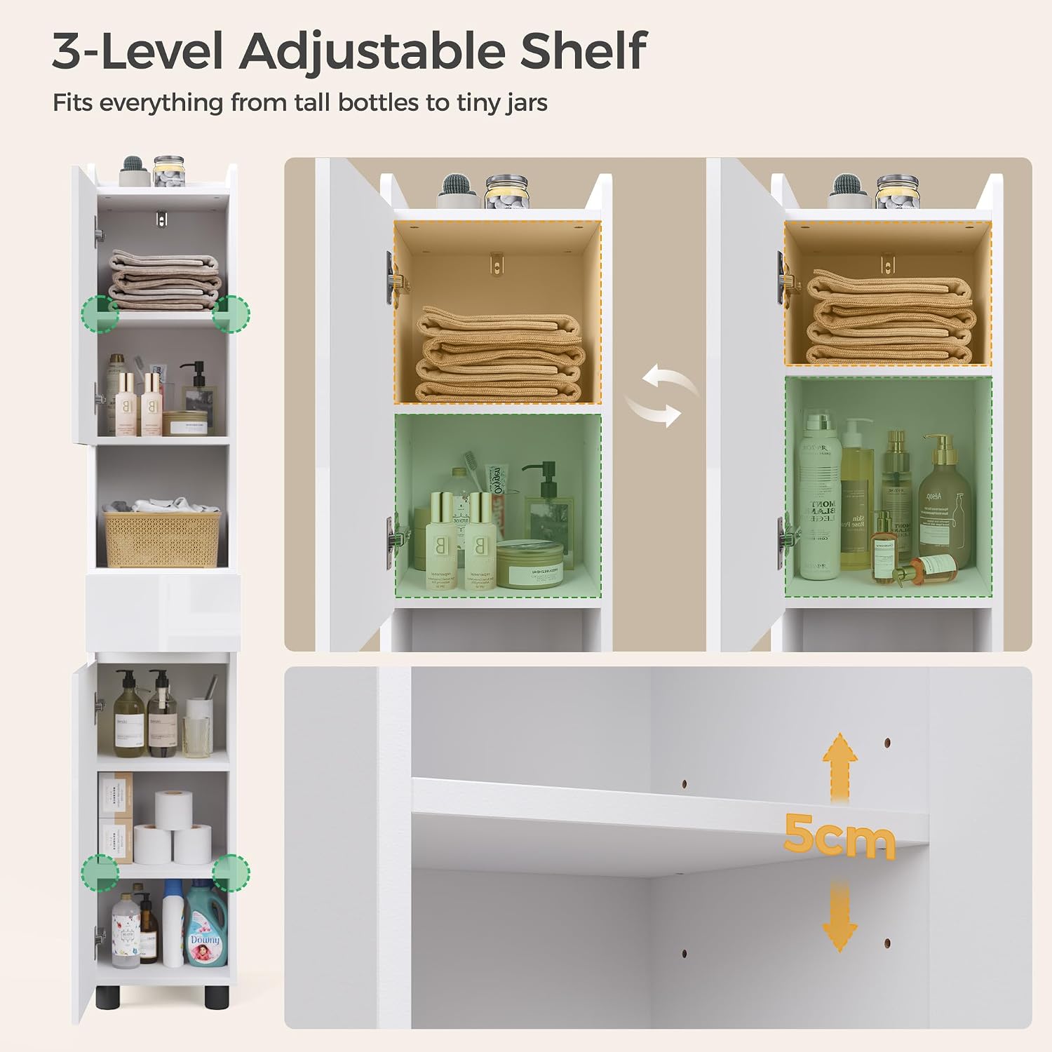 Mondeer Tall Slim Bathroom Cabinet with High Gloss Doors | Freestanding Storage Unit with Drawer, Open Compartments and Adjustable Shelves for Small Space , 30x30x170cm White