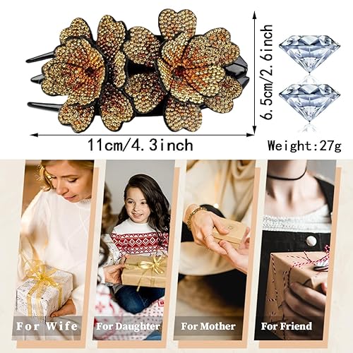 Miniatura 7 de Paquete de 4 pinzas de lujo con diamantes de imitación de cristal de doble flor, pinzas para el cabello con gemas brillantes para el cabello para