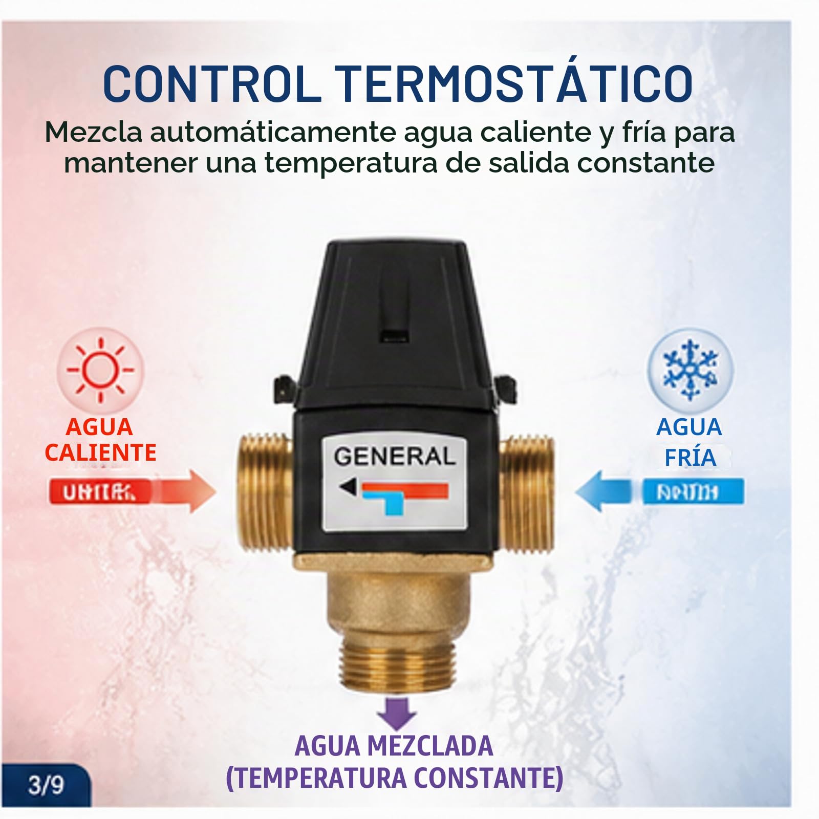 Válvula mezcladora termostática, válvula mezcladora termostática de latón DN20 de 3 vías, para Calentador de Agua Sola, de 35 a 60 grados, función antiquemaduras