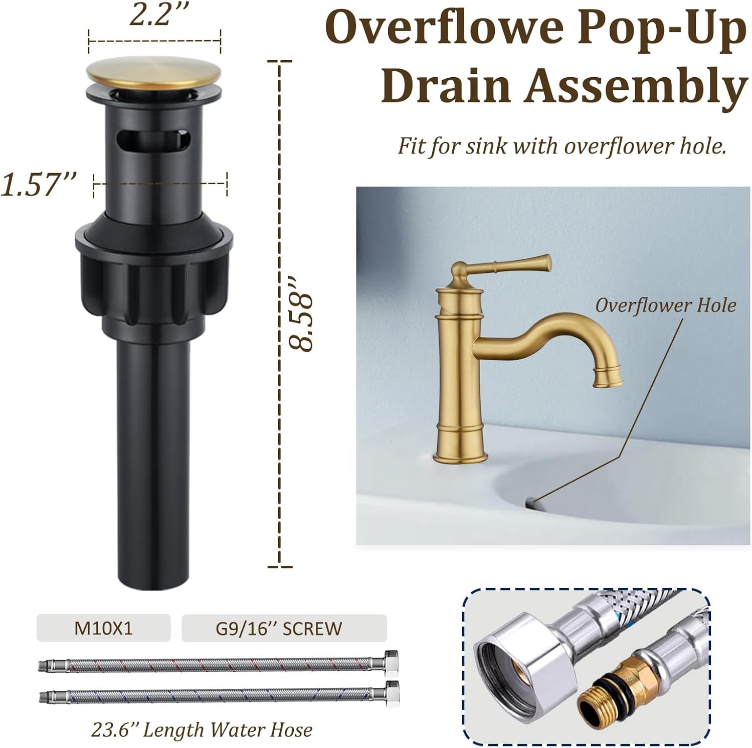 Brushed Gold Bathroom Sink Faucet, Single Handle 1 or 3 Hole Vanity Basin Faucets with Deck Plate, Vintage Long Spout Solid Brass Faucet for Sink with Pop-up Drain Assembly NL-2201BG