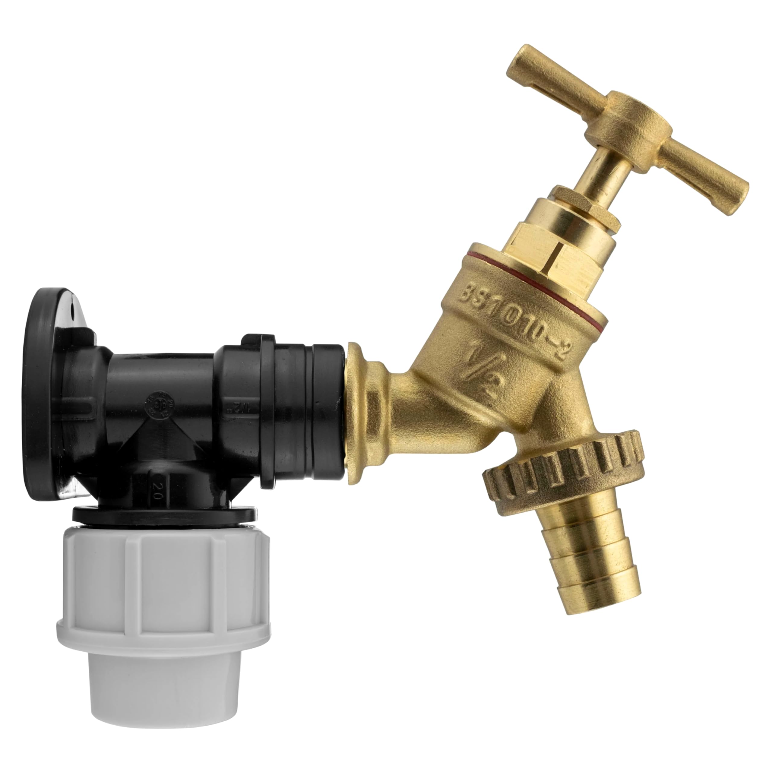 20mm MDPE Wall Flange Kit - Wall Plate Elbow with 1/2" Brass Garden Tap & Barb Hose Fitting - Easy to Install Water Hose Connector for Garden, Backyard, Farmhouse, Irrigation, Water Supply Systems​