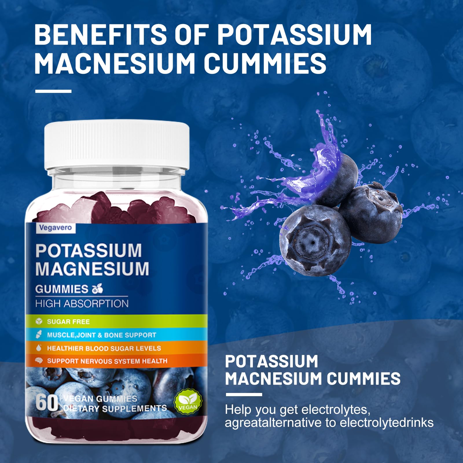 Potassium Magnesium Gummies - Magnesium Glycinate B6,D3 & Potassium Citrate for Leg Cramps,Muscle,Electroyte for Adults Kids,Sugar-Free - 60 Blueberry Gummies — Amazon image 2