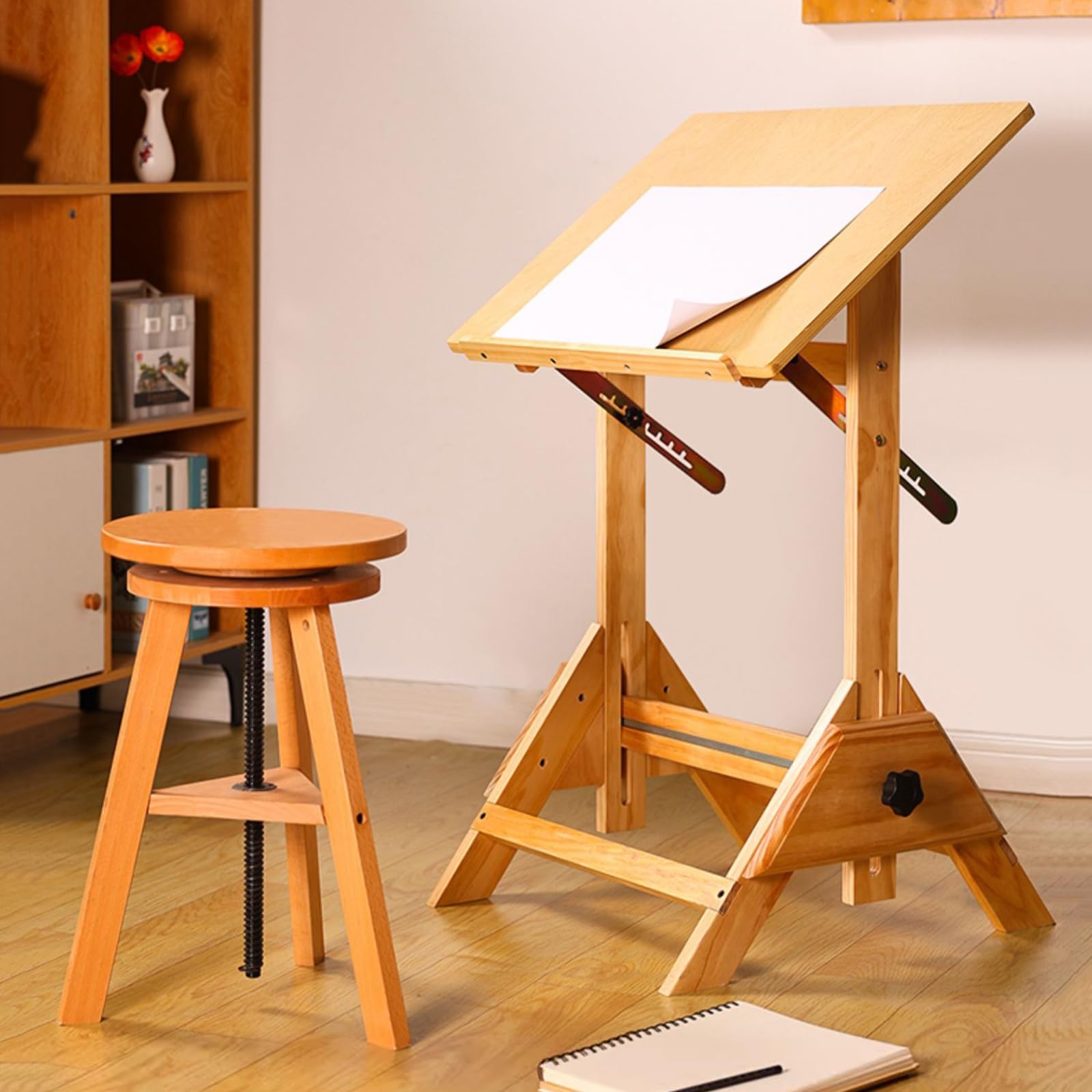 Table à Dessin en Bois Massif, Bureau d'artiste, Table d'architecte, Design Naturel, Hauteur et Angle réglables, pour la Conception Graphique, la Lecture, l'étude