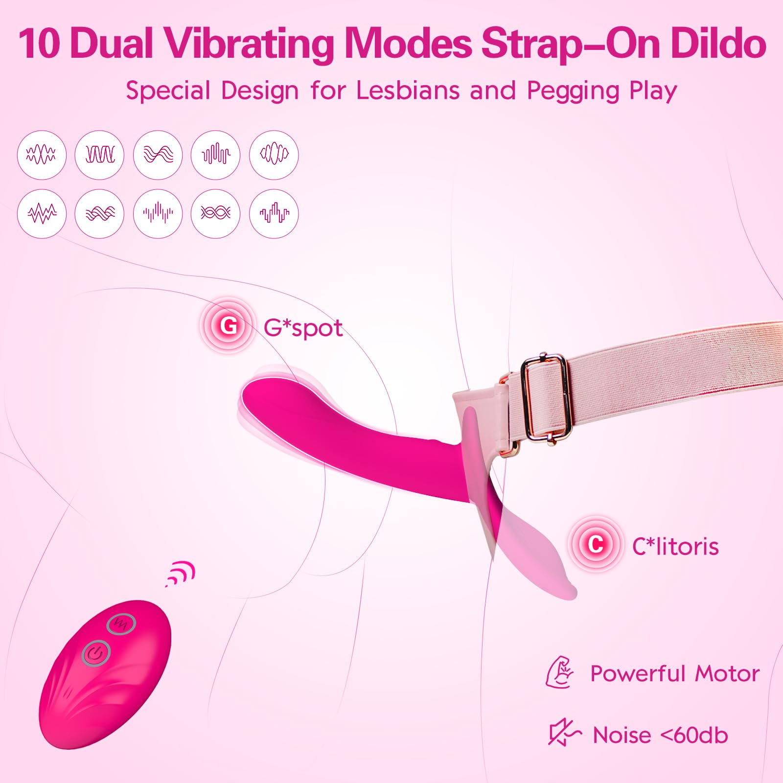 Gode Ceinture Vibrant Sextoys, Wordone Godes Ceintures Harnais Portables avec 10 Vibrations Doubles, Télécommande Godemiché Vibromasseur&Clit Stimulation, Jouet Adulte pour Femme Couple (A1005UK-Rose)