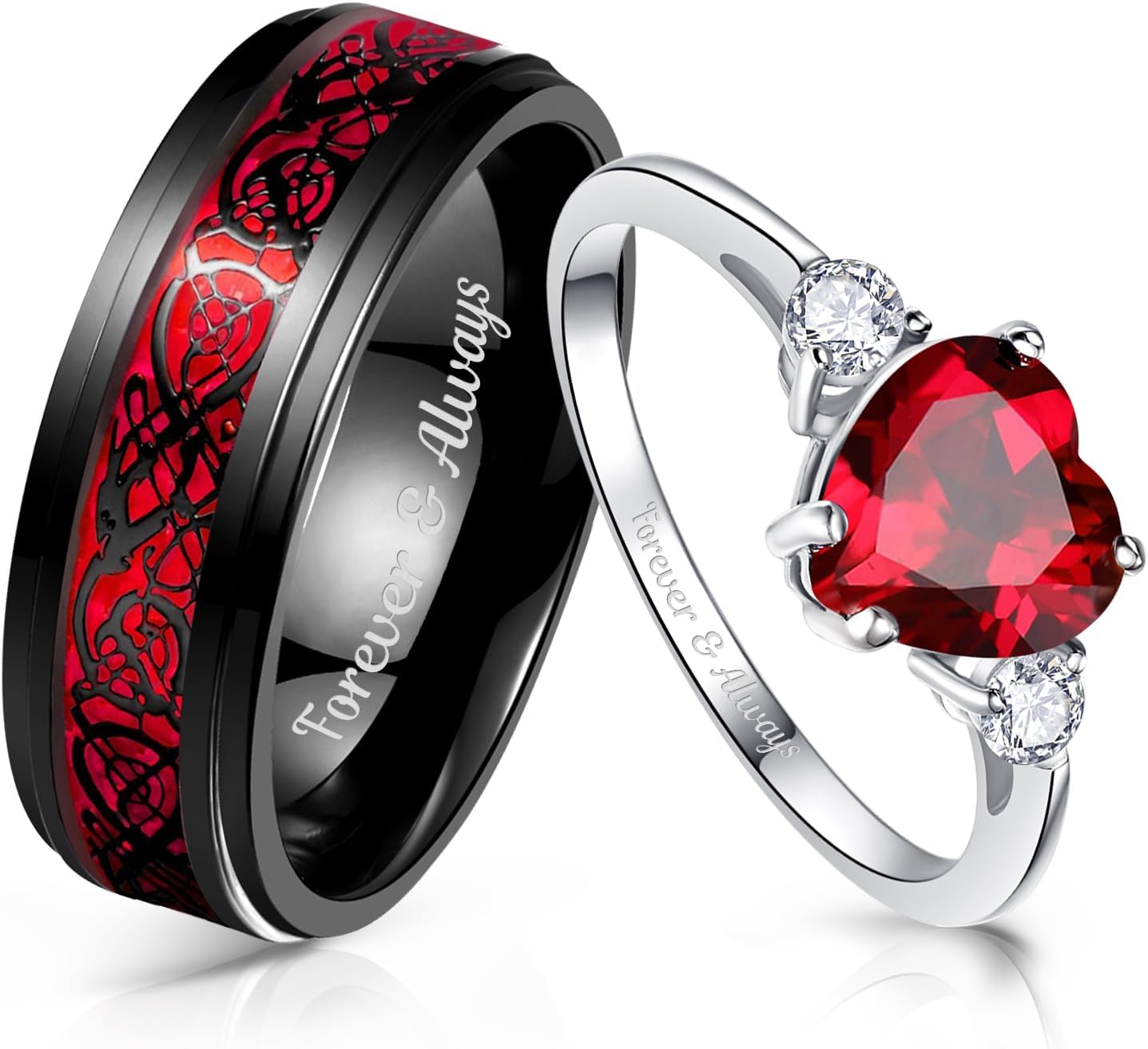 Promise Rings for Couple - Princess Cut Fake Engagement Ring Set & Men's Tungsten Ring - Wedding Rings for Him and Her