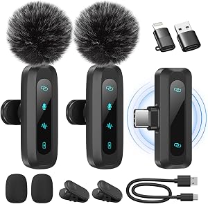 Microphone de Lavalier sans Fil pour iPhone,iPad,téléphone Android,2-Pack Mini Microphone avec réduction du Bruit, appairage Automatique,sourdine et réverbération pour