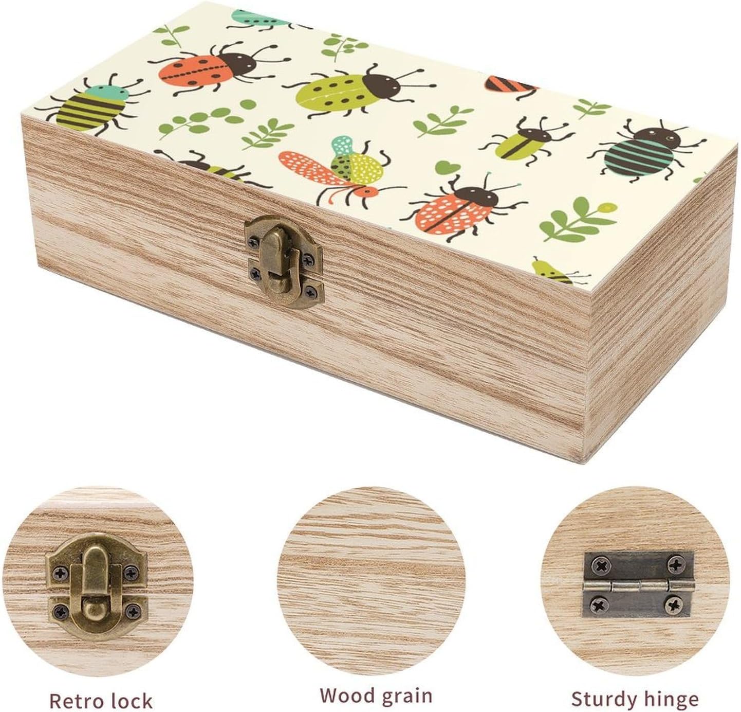 Grass And Insects Wooden Storage Box - Personalized Wooden Keepsake Box Decorative Card Box with A Hinged Lid Memory Treasure Boxes for Crafts And Photo Storage image 3