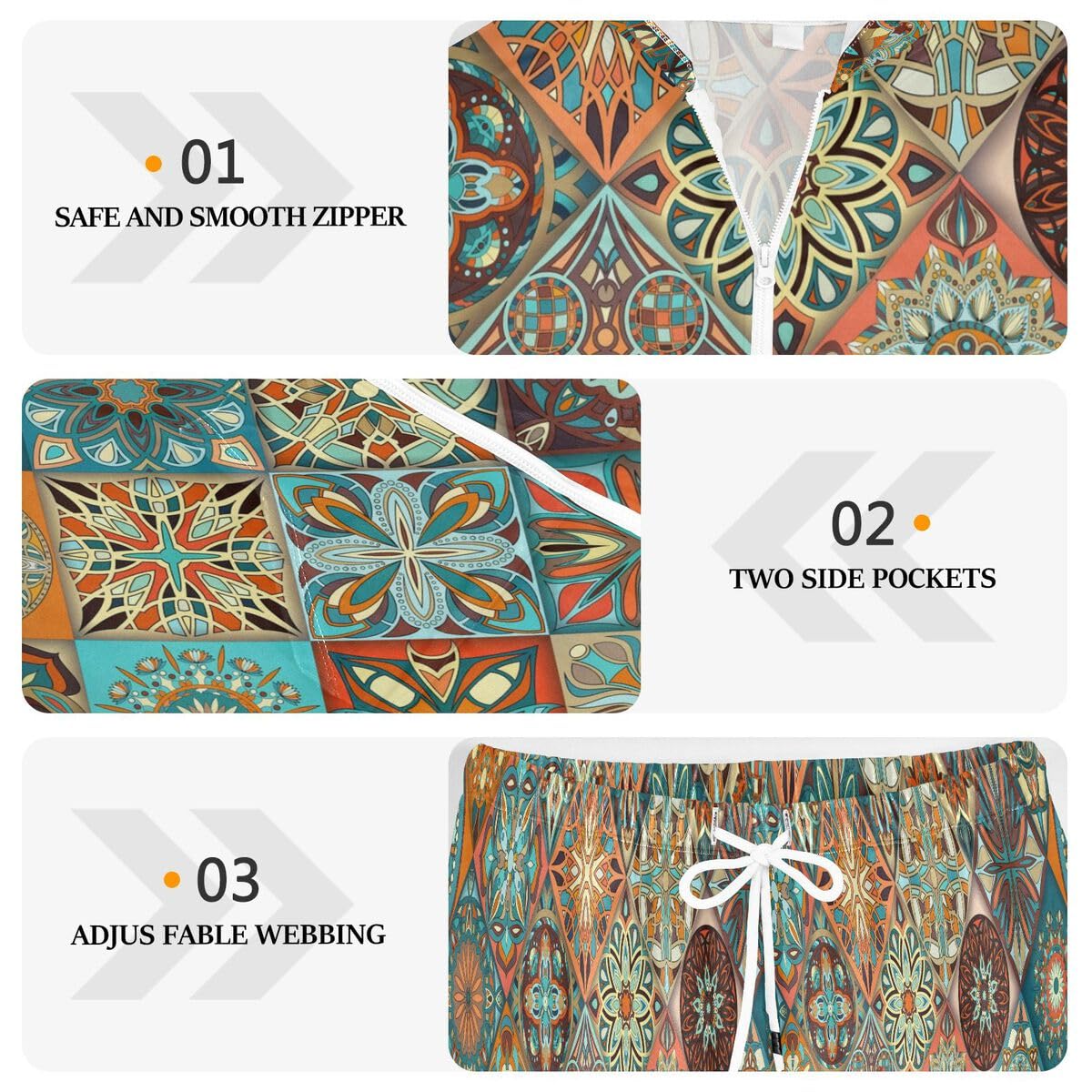 Conjunto deportivo de 2 piezas para mujer, diseño étnico floral, mandala, manga larga, conjunto deportivo indio bohemio
