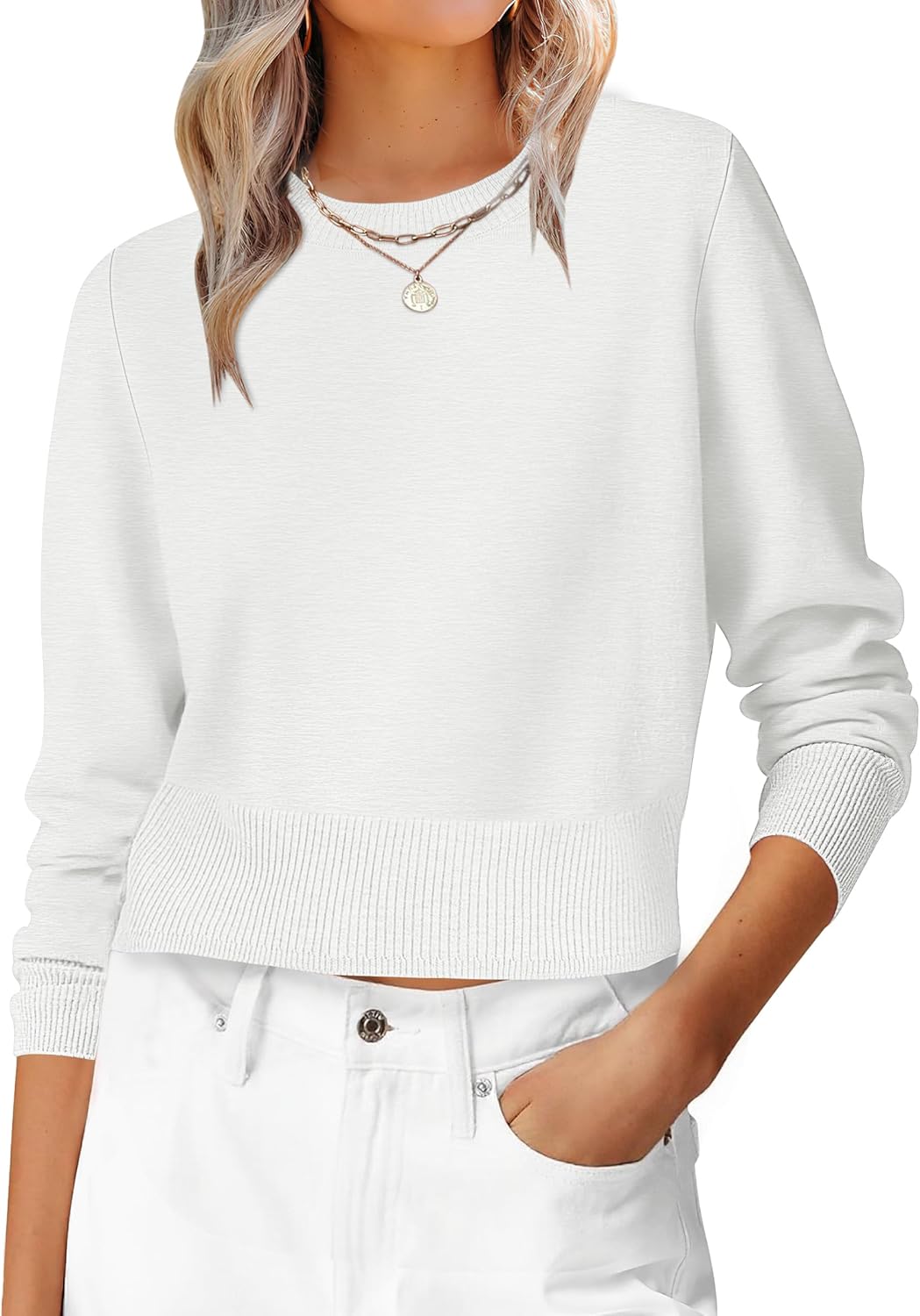 ANRABESS Womens Long Sleeve Sweaters Cropped Crew Neck Business Casual Light Weight Sweater Tops Fall Fashion Clothes 2025