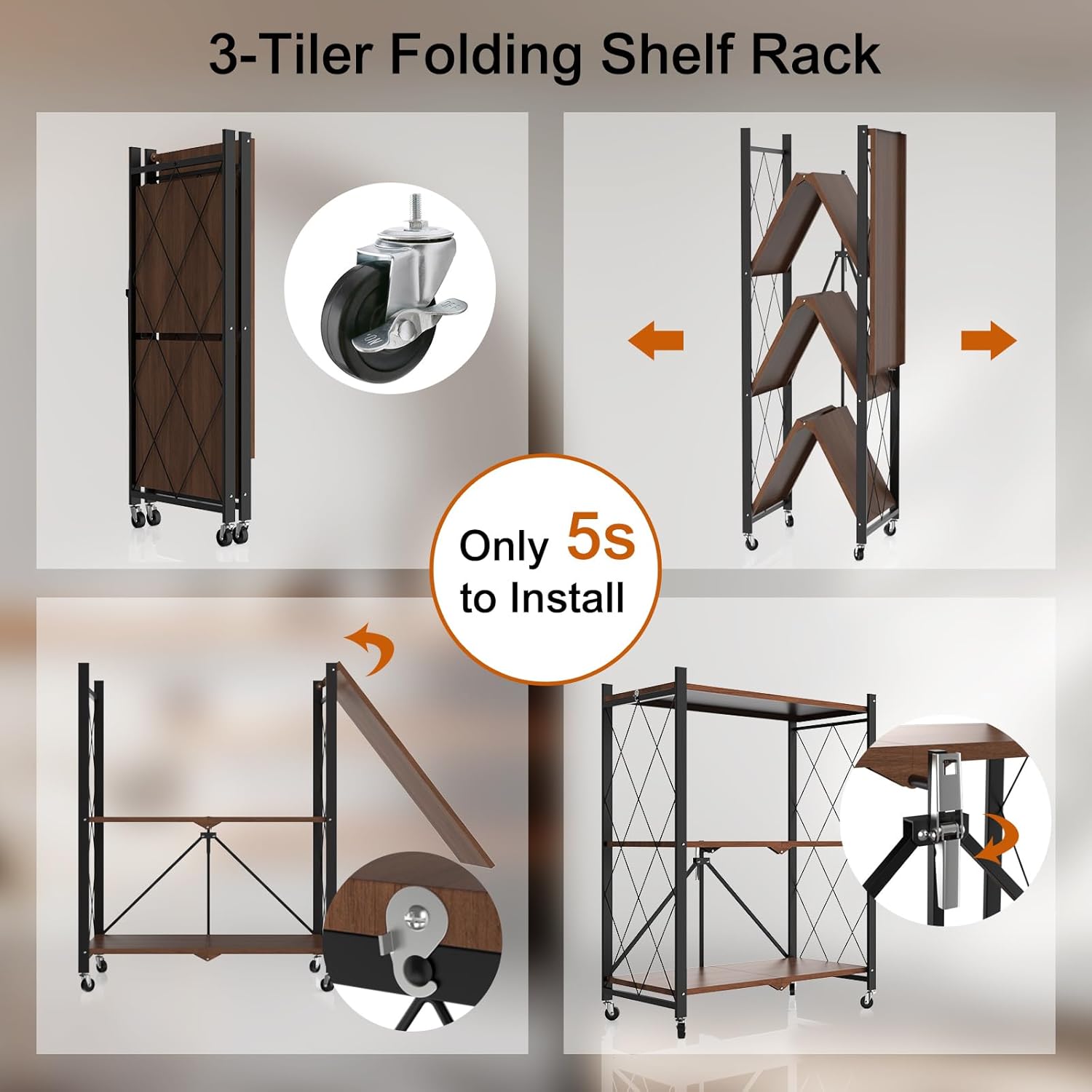 3 Tier Foldable Metal Storage Shelf with Wheels, 300LBS Heavy Duty Rolling Shelving Unit, Collapsible Mobile Organizer Shelves for Kitchen Pantry Office, 27.9"x13.3"x35.4", Black