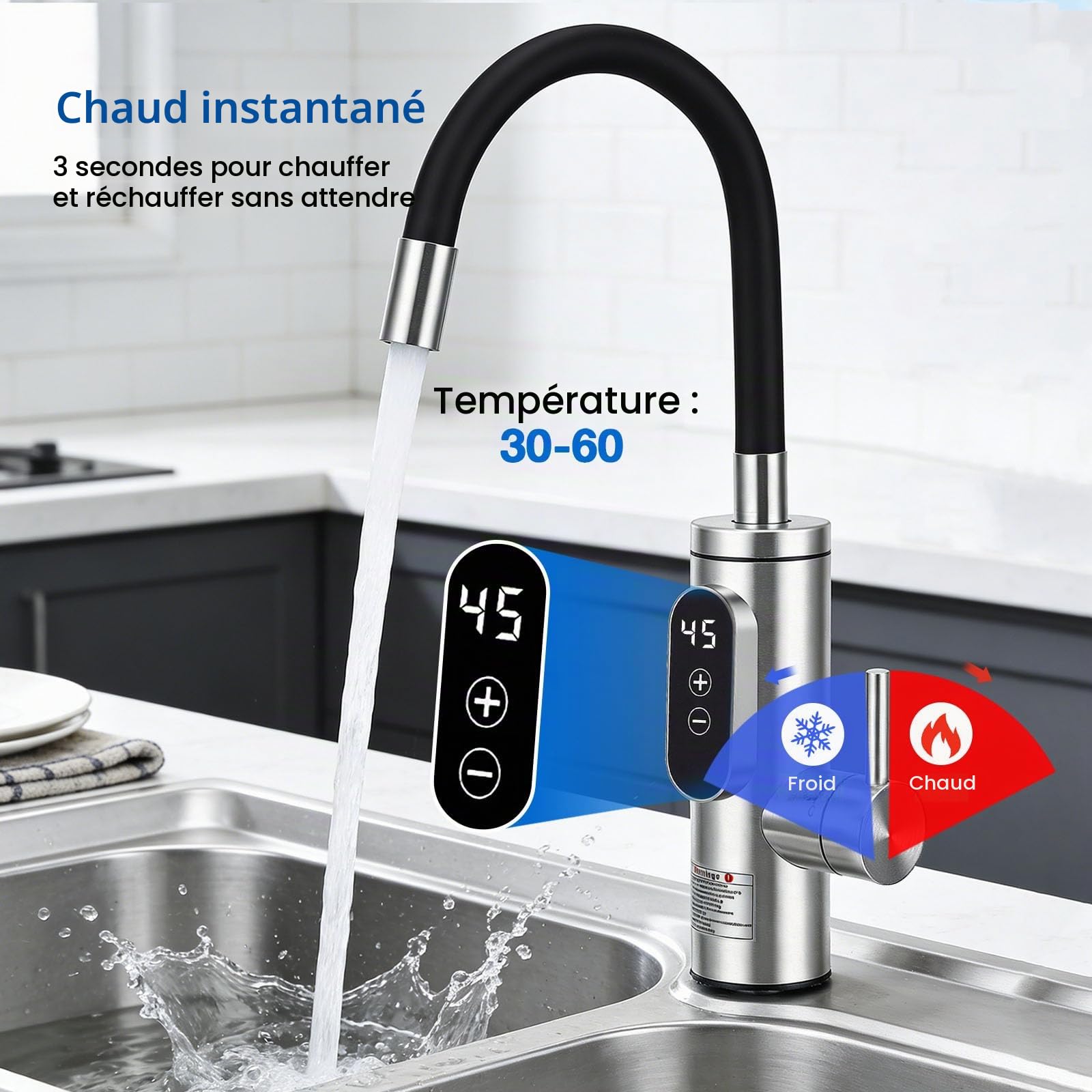 Robinet Chauffant Électrique Сhauffe-Eau,3300W Cuisine Robinet Chauffant, Acier Inoxydable Mitigeur électrique avec LED Température, rotation à 360°, 3S chauffe rapide,Chaude et Froide Réglable