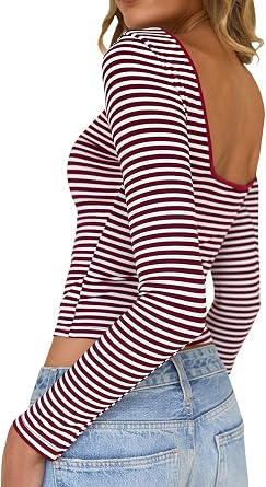 Falechay Long Sleeve Shirts for Women Backless Y2K Striped Sexy Crop Tops
