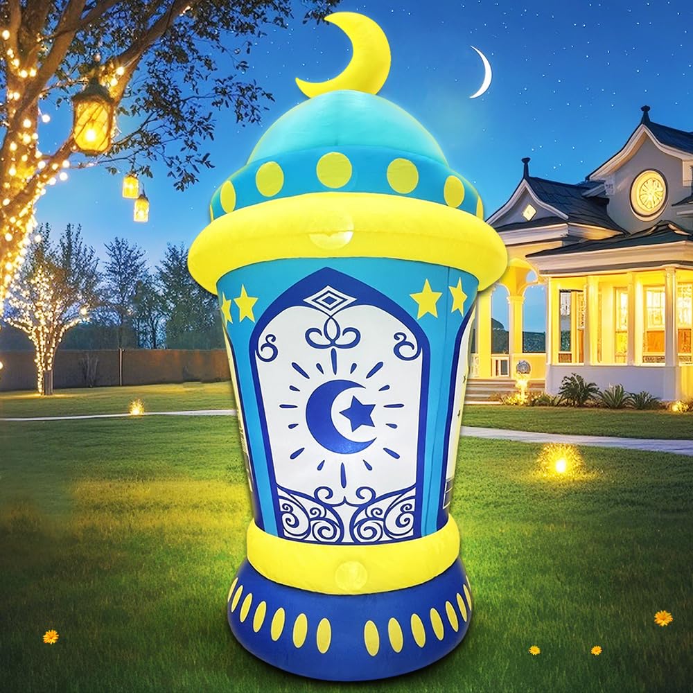 KOOY5FT Ramadan Inflatable Crescent Moon Decor, LED Lighted Outdoor Decor, Colorful, Multicolor LED