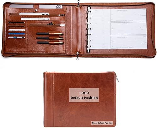 Geslun Portafolio de chequera de cuero de grano completo con cierre de cremallera 7 anillos de 3 por página carpeta de cheques de negocios con 3