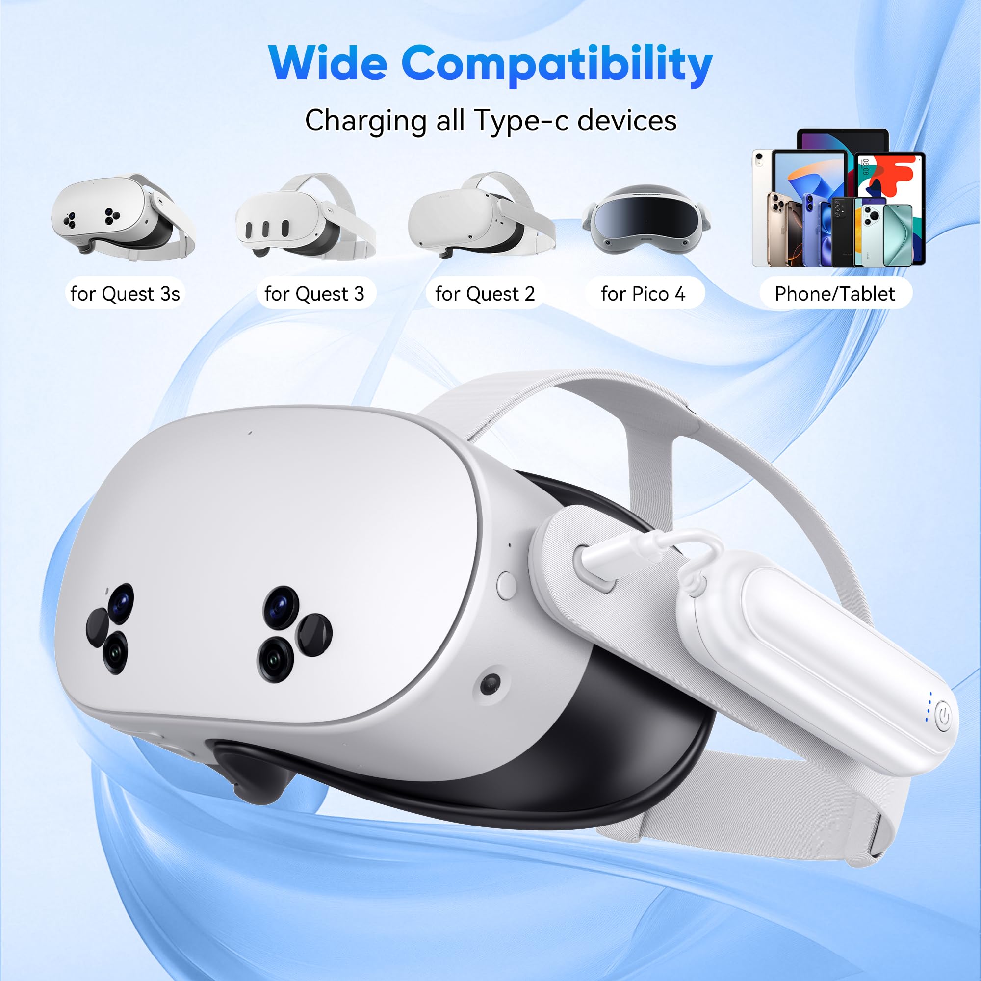 YUANHOT Confezione da 2 batterie da 20000 mWh per Meta Quest 3S/3/2, caricabatterie rapido da 18 W per accessori Oculus Quest 3S/3, batteria estesa per cuffie VR, batteria leggera e portatile per