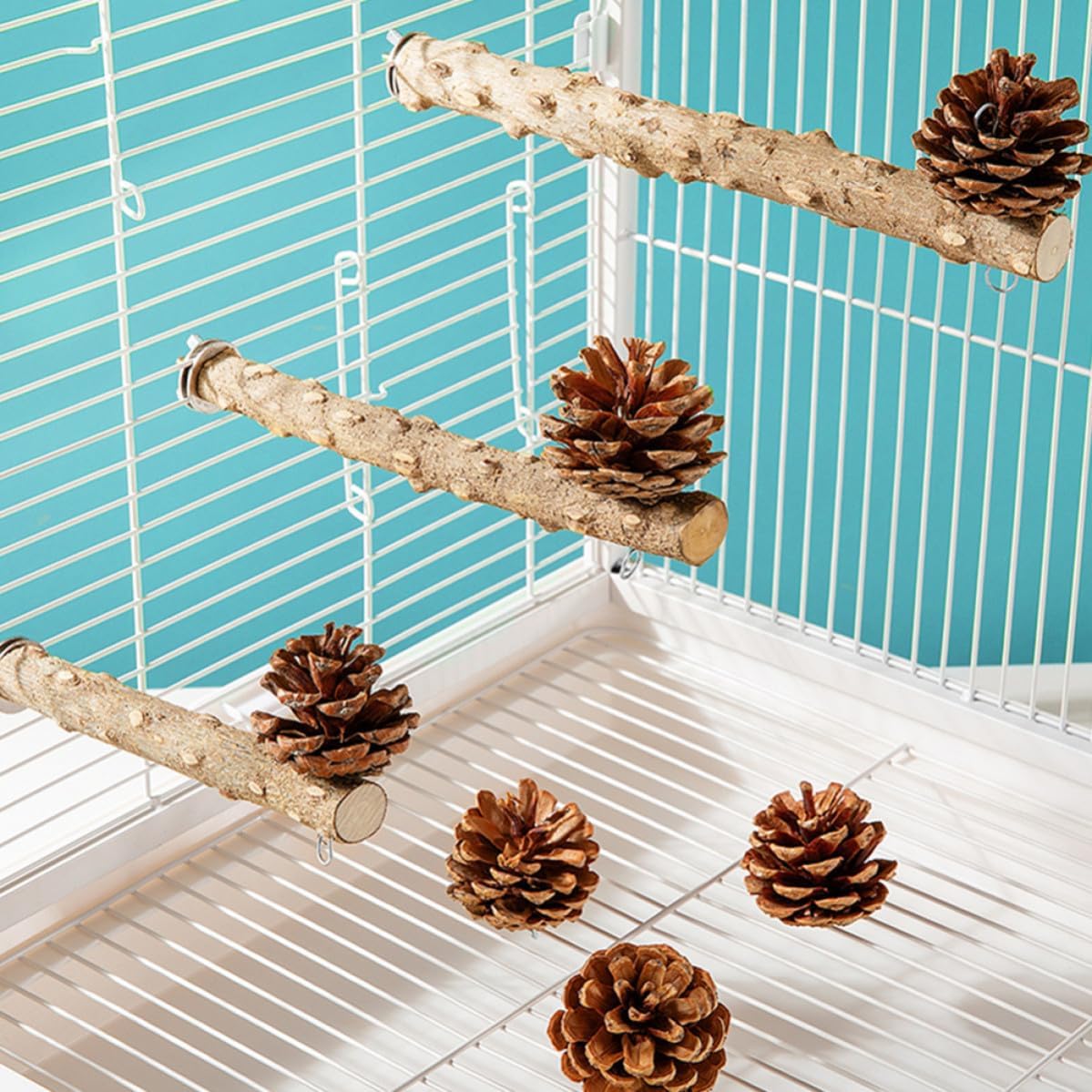 Vaguelly Wear-Resistant Wooden Bird Stand for Parrots and Birds Cage Perch with Natural Pinecone Decoration for Home Decoration