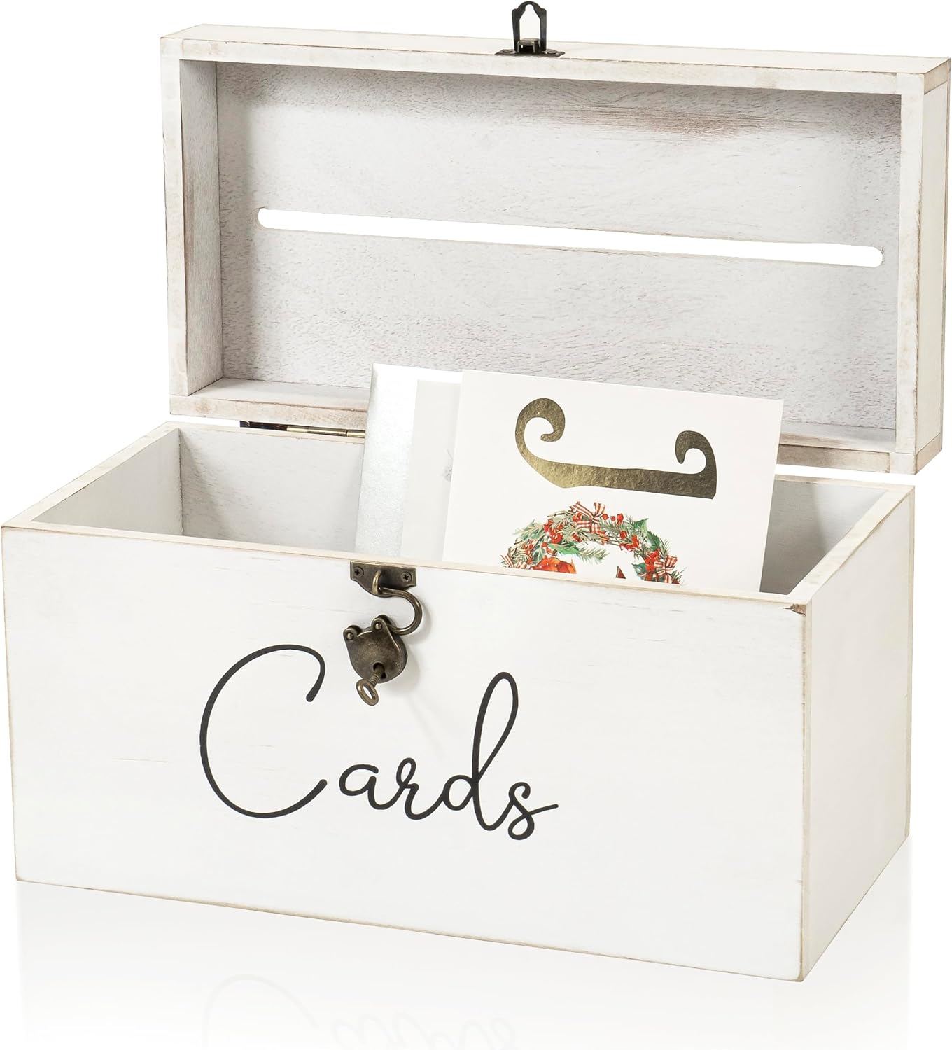 Red Co. 13” x 7” Decorative Distressed Wood Thank You Wedding Card Box with Key & Lock, White