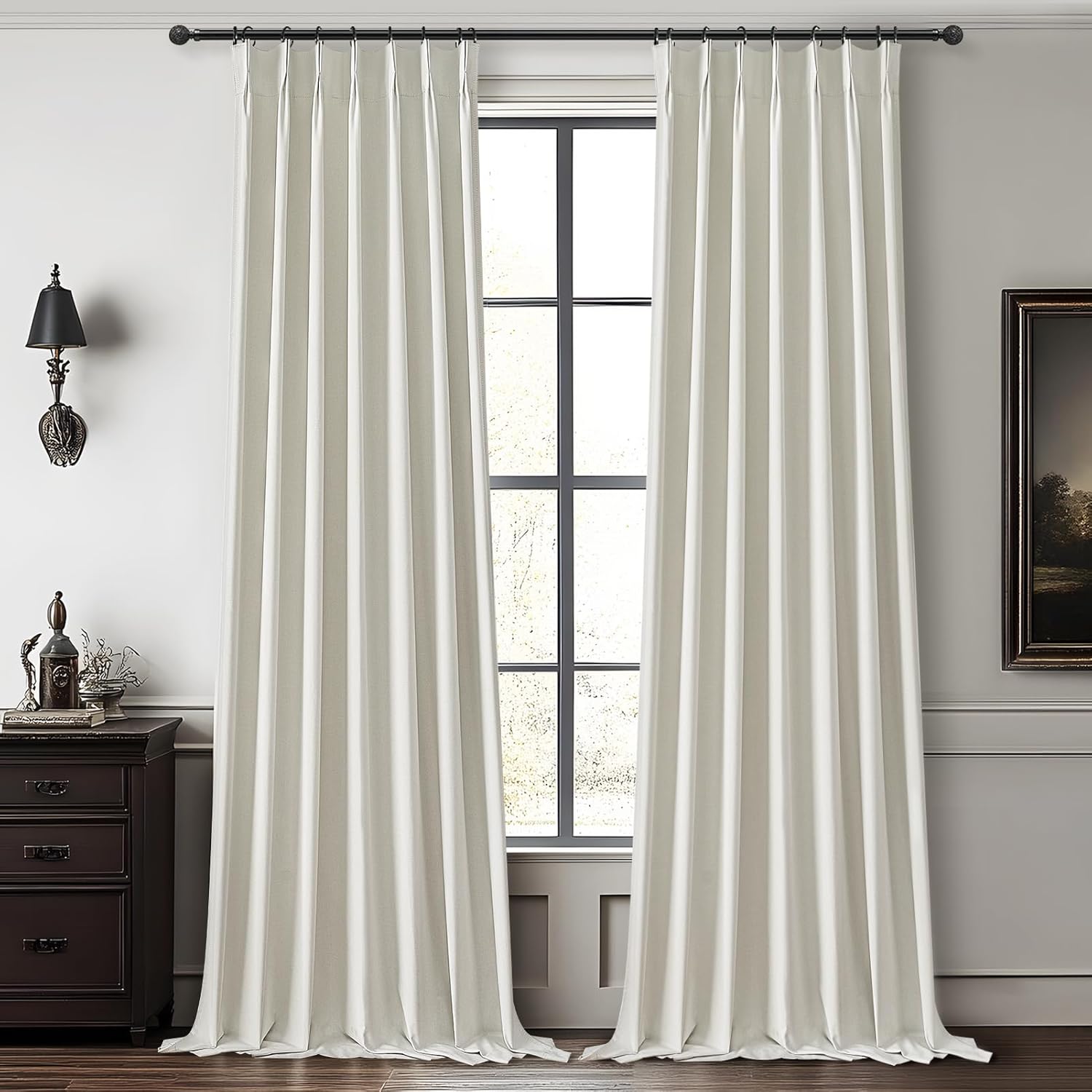 Linen Pinch Pleated Blackout Curtains Beige White Room Darkening Curtains 96 Inches Long, Neutral Modern Window Thermal Black Out Drapes for Sliding Glass Doors/Bedroom/Living Room(40" Wx96 Lx2Panels) Beige White 40"W x 96"L (Pack of 2)