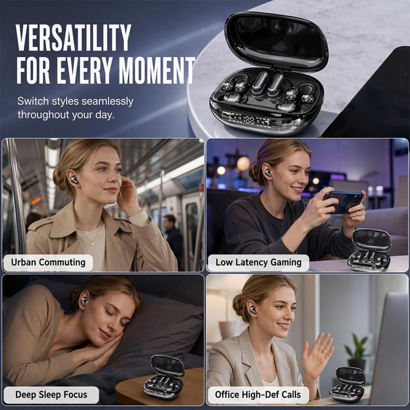 Auriculares Inalámbricos 6 En 1 para Dormir con Estuche De Carga, Clip Intercambiable, Intrauriculares Y para Dormir, 3 Modos De Uso, Bluetooth 6.0, Pantalla LED, Batería De Larga Duración. (Purple)