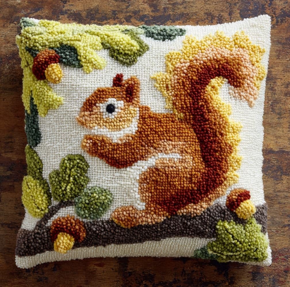 AxiangziK Pre-Printed Latch Hook Cushion Kits,Animal Squirrel 43x43cm Latch Hook Kits for Adults Beginners Handmade Cushion Sofa Bedroom Decor Craft Gifts