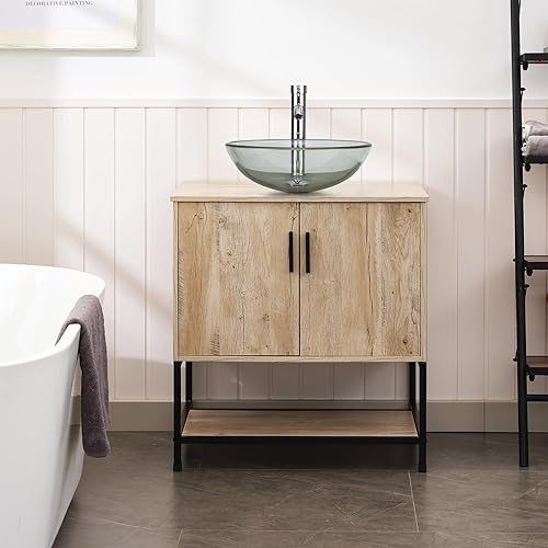 Miniatura 4 de UEV Mueble de baño de roble rústico de 30 pulgadas con fregadero, juego de gabinete de baño con marco de hierro industrial con puertas y estante,
