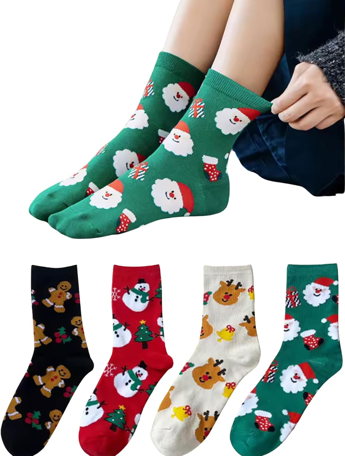 Christmas Holiday Socks, 4 Pack, Festive Santa Claus Snowman Reindeer Gingerbread Man Designs, Multicolor - Image 2