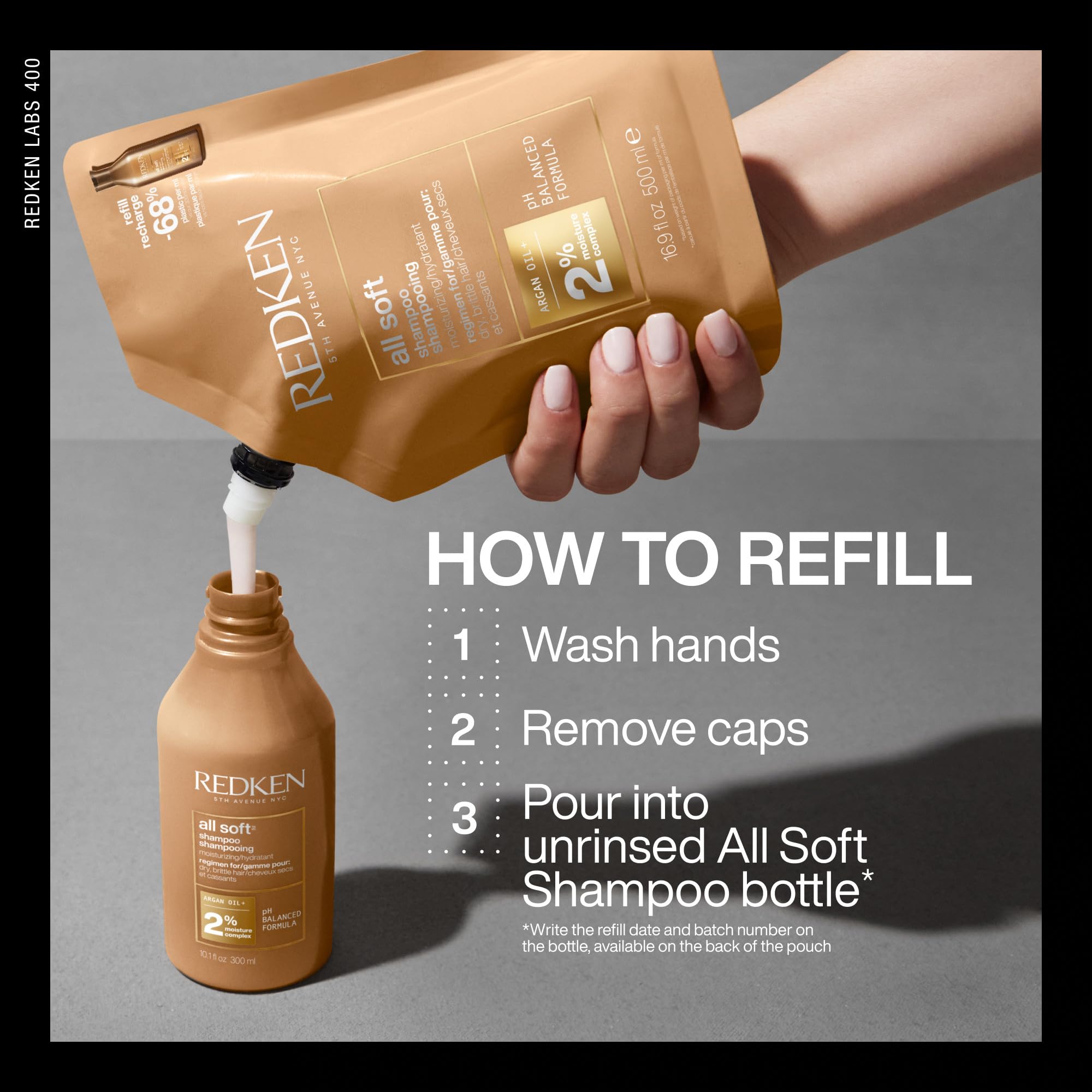 REDKEN - Recharge Shampoing Hydratant pour Cheveux Secs et Déshydratés - Apporte Douceur & Souplesse - Protéines & Huile d'Argan - Produit Vegan - All Soft - 500ml