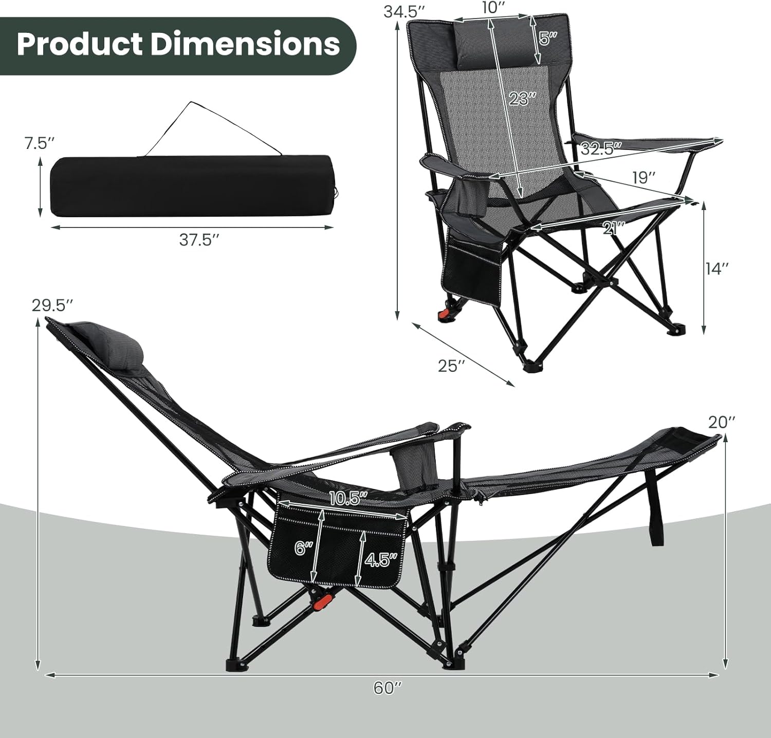 Tangkula Reclining Camping Chair Set of 2, 2 in 1 Porable Folding Lawn Chair with Removable Footrest, 4-Position Adjustable Backrest, Cup Holder & Side Pocket, Carry Bag