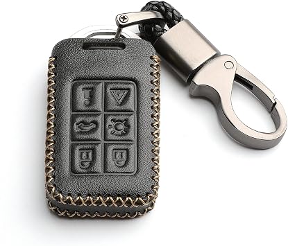 WFMJ Leather for Volvo S60 S80 V40 V60 V70 XC60 XC70 Remote Smart 6 Buttons Key Case Holder Cover Fob Chain Black