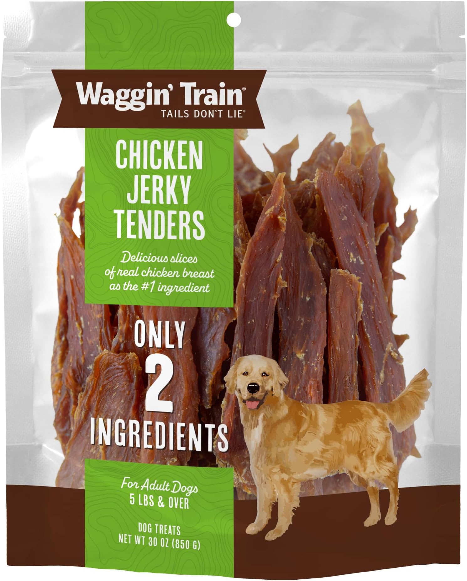 - Waggin' Train Chicken Jerky Dog Treats, Made with 100% Real Chicken Breasts, Only Two All-Natural Ingredients, Great High Protein Dog Treat, Easily Digestible for Big or Small Dogs, 30 oz. Pouch