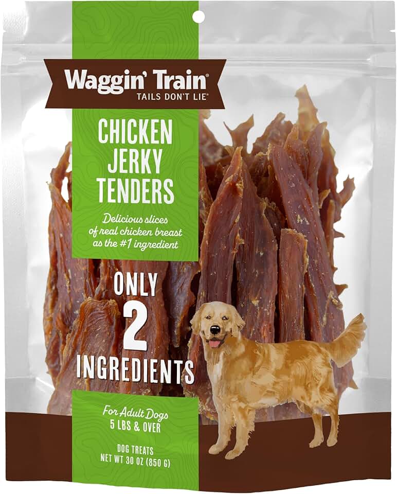 Waggin' Train 雞肉乾狗零食，由 100% 真正的雞胸肉製成，只有兩種全天然成分，優質高蛋白狗零食，易於消化，適合大型或小型犬，30 盎司。小袋