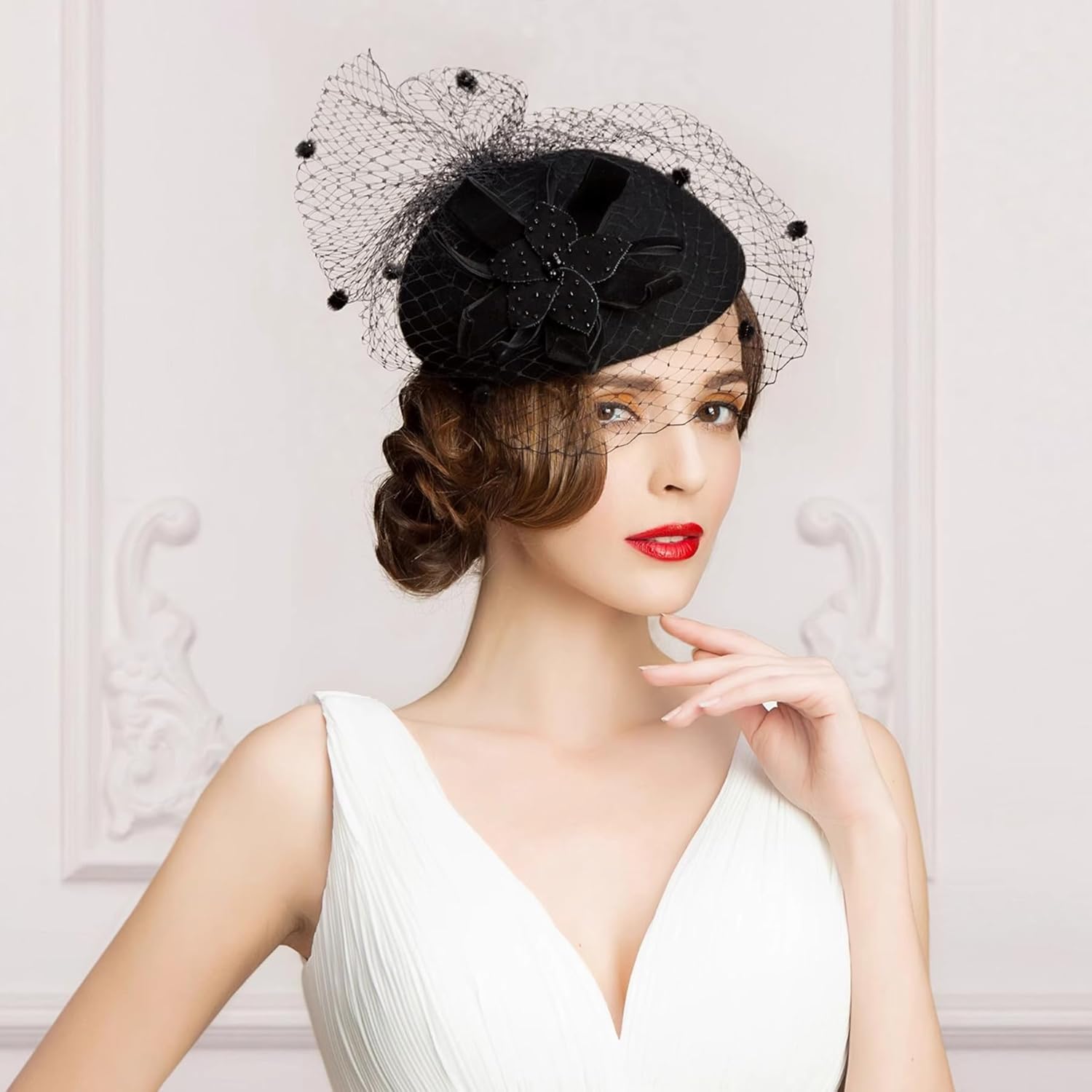 English Womens Church Hat Kentucky Fascinator with Veil Pill Box Hats