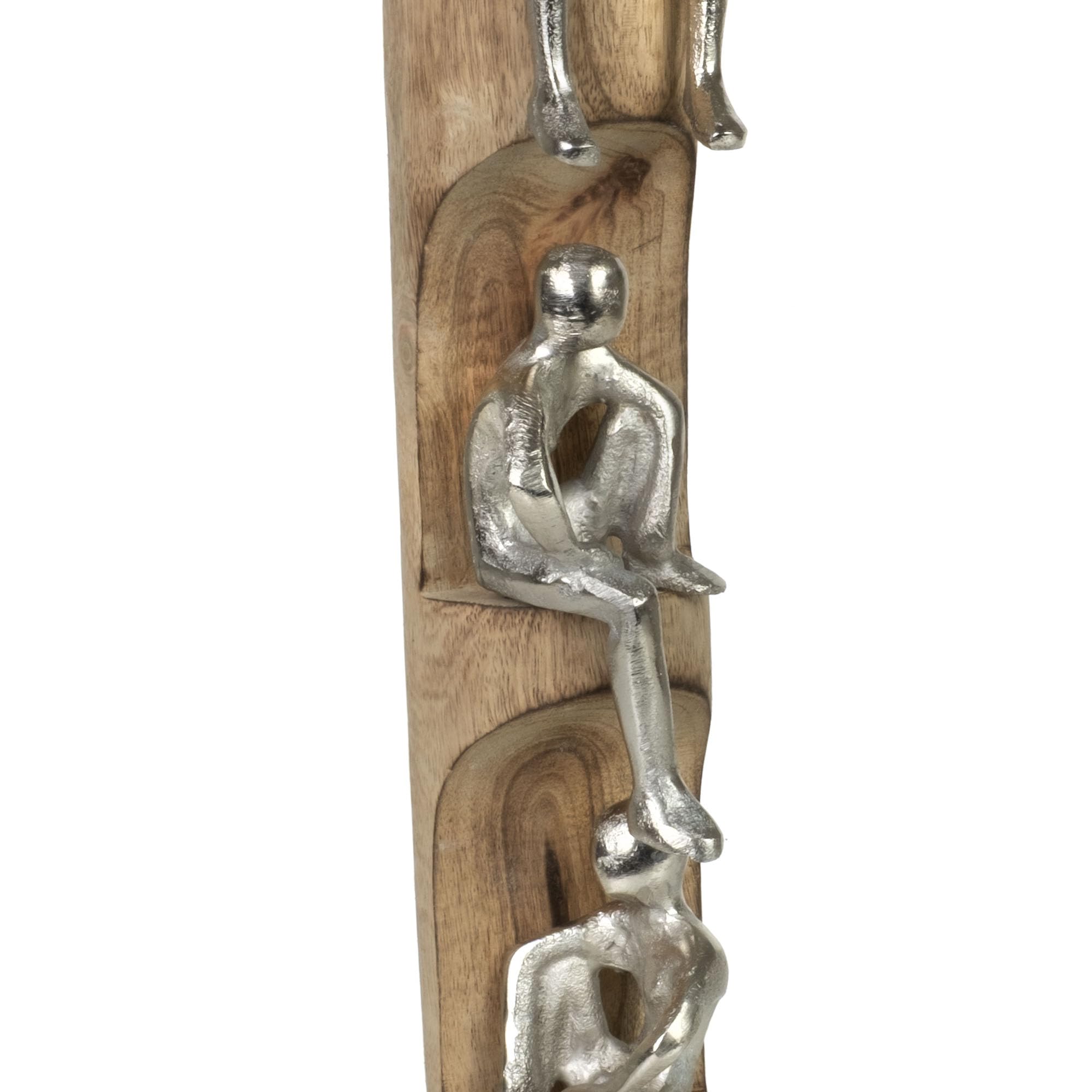 Figurka dekoracyjna Perspective srebrna 50 cm z drewna mango i aluminium nowoczesna rzeźba z trzema siedzącymi figurkami, symbol refleksji, spokoju, rękodzieła, dekoracja, obiekt artystyczny, pomysł