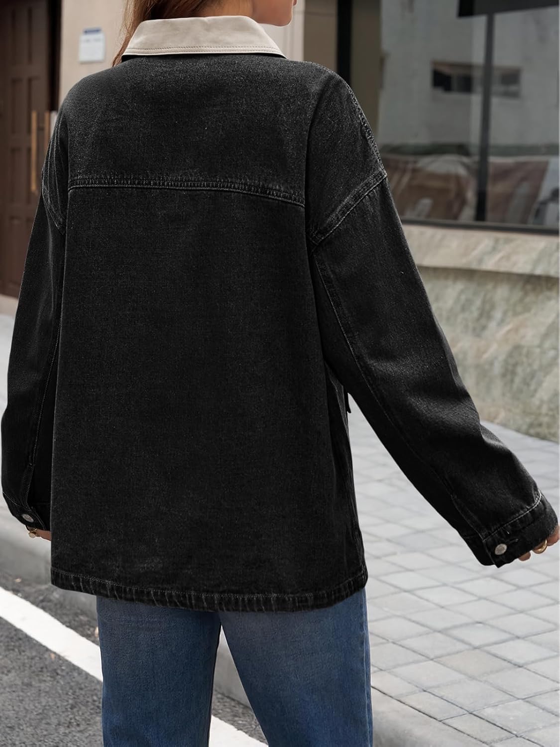 Tankaneo Womens Oversized Denim Jacket Casual Contrast Canvas Collar Button Down Jean Jackets with Pockets - Image 2