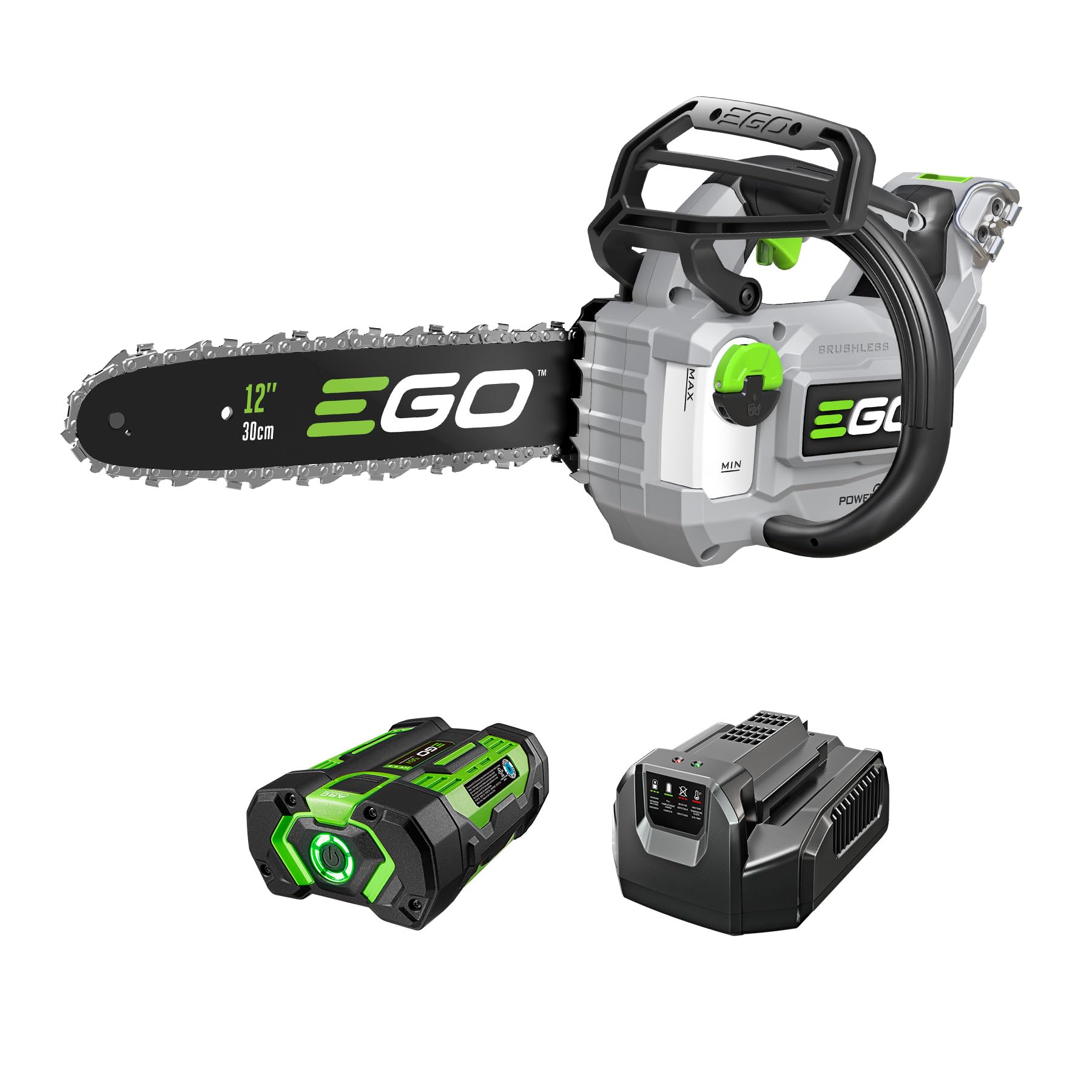 EGO POWER+ Chain Saw, 12" Battery Powered Chainsaw, Electric Cordless, Includes 56V 2.5Ah Battery and Charger - CS1201