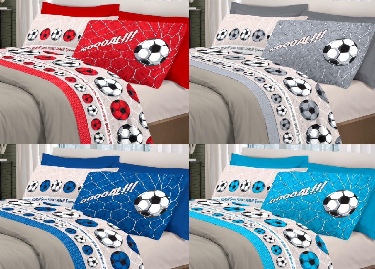BIANCHERIAWEB Completo Lenzuola Linea Pensieri Delicati 100% Cotone Disegno Calcio Piazza E Mezza Azzurro