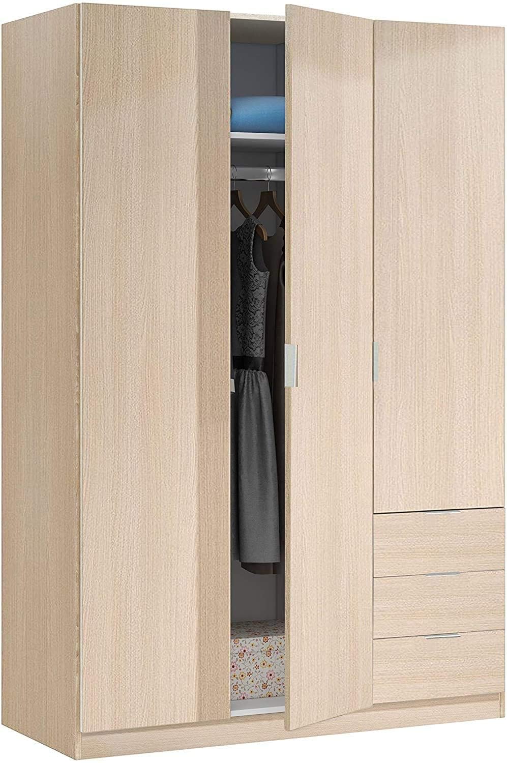 Armadio Con 3 Ante Battenti E 3 Cassetti Armadietto Con Asta Appendi Abiti E 3 Ripiani Ideale Per Camera Da Letto Soggiorno Salone Ingresso Design Moderno Lancaster 180 x 121 x 52 Cm (Rovere)