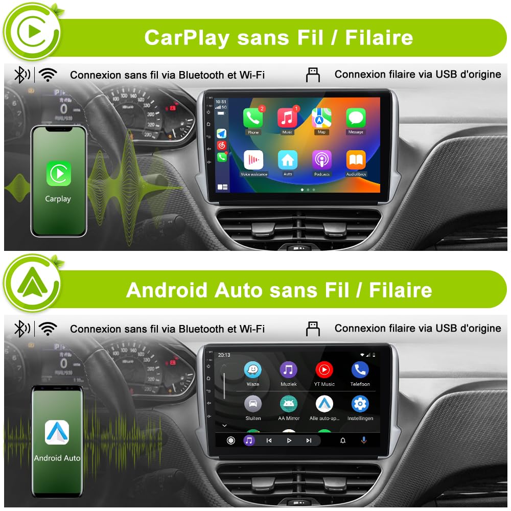 Autoradio Carplay pour Peugeot 208/2008 (2012-2018), Écran 10,1 Pouces 2Go+64Go, CarPlay & Android Auto,GPS WiFi Bluetooth FM, Commandes au Volant, Aide au Parking