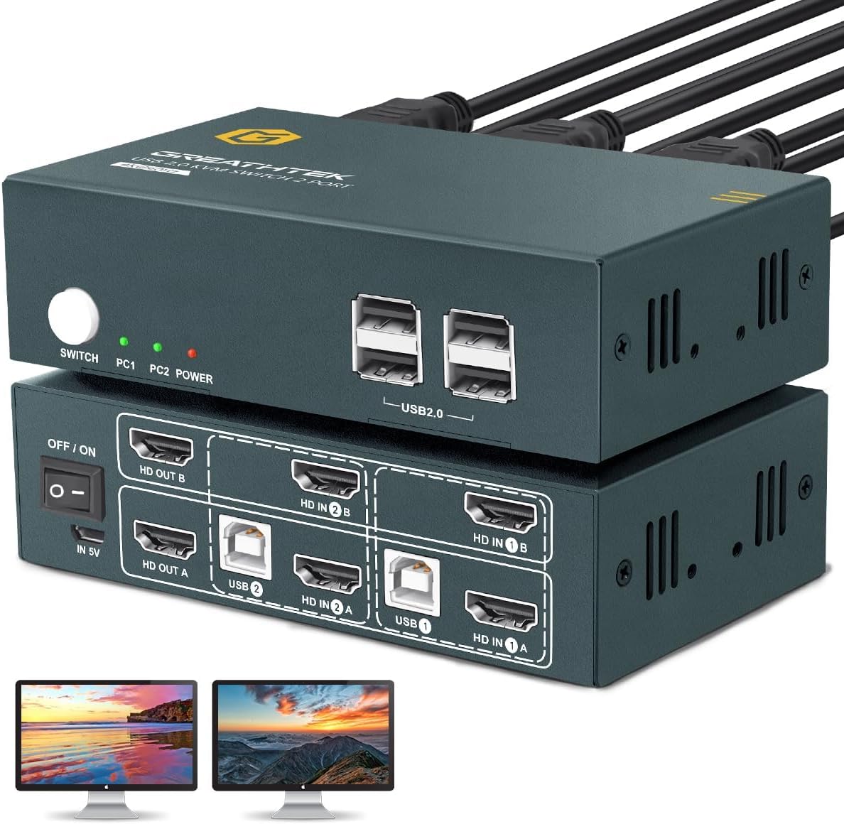 HDMI KVM Switch 2 Monitors 2 Computers, 2 Port Dual Monitor Kvm Switcher for 2 Computers to Share 4 USB 2.0, UHD 4K@60Hz Resolution Downward Compatible, EDID Emulators