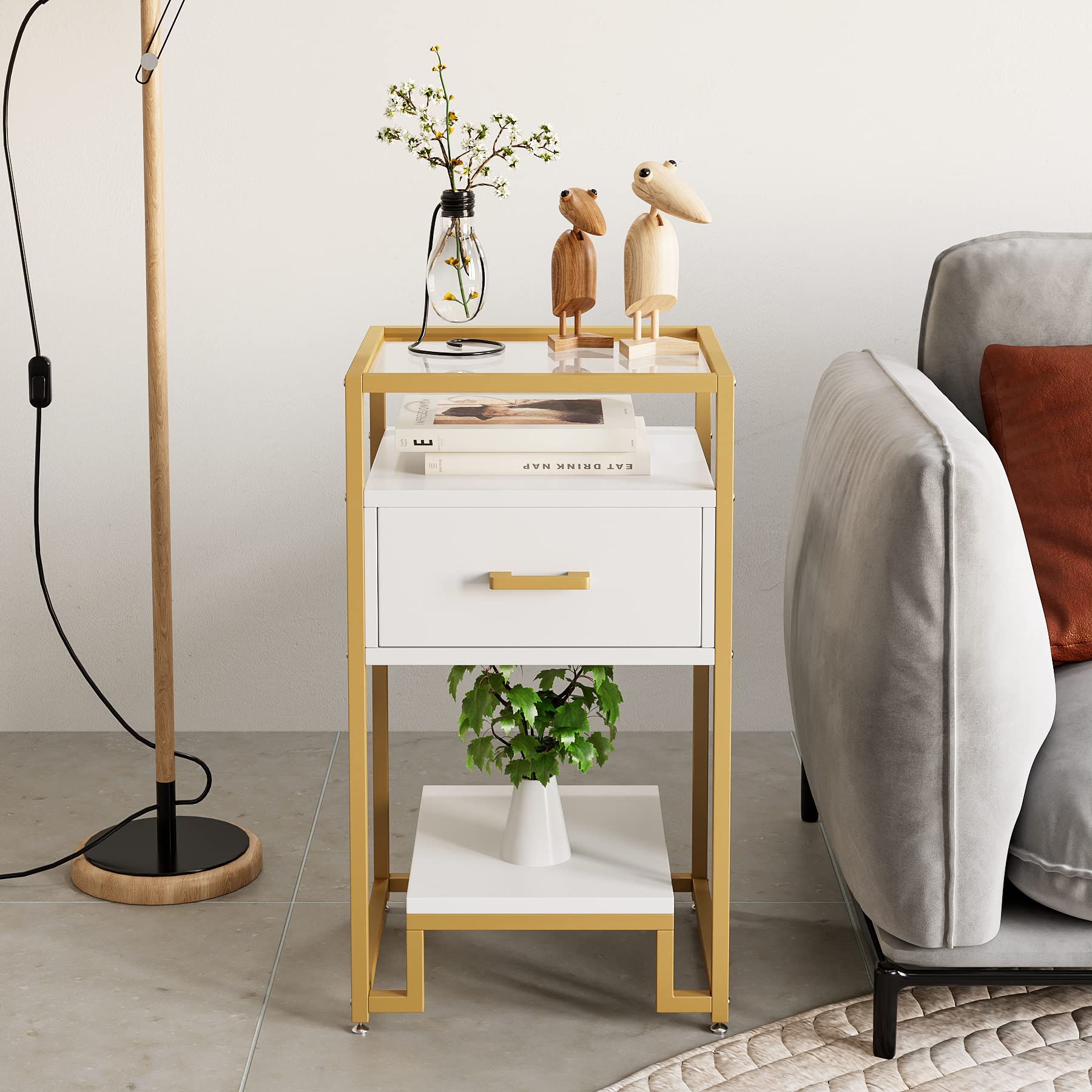Garvee Table de Rangement 3 Niveaux avec Tiroir, Table Basse Moderne, Blanc