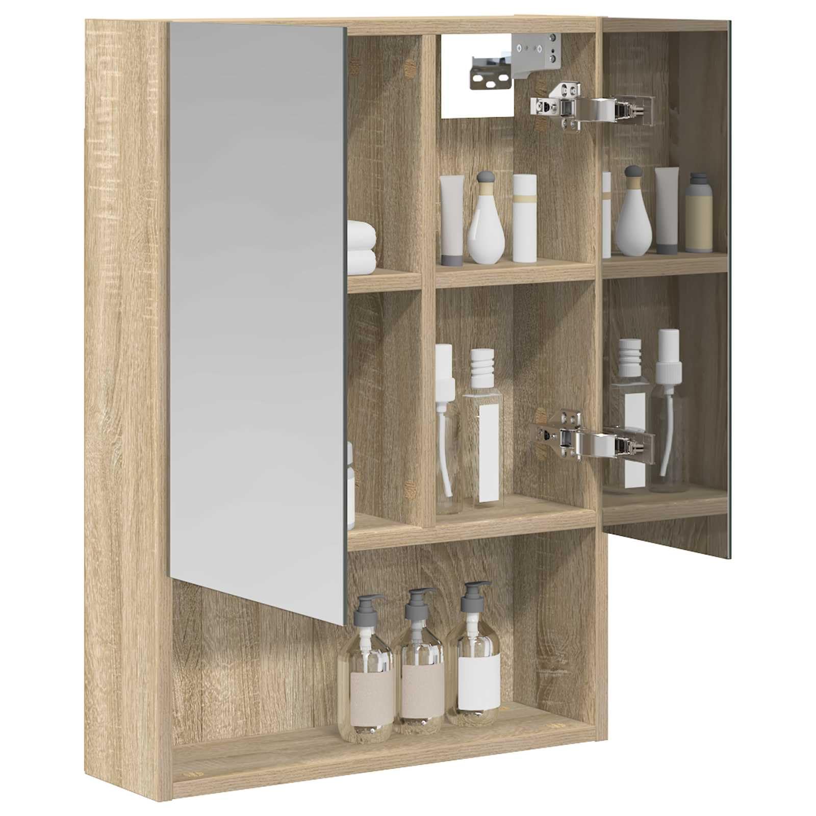 Szafka łazienkowa z lustrem dąb Sonoma 50 x 14,5 x 70 cm z drzwiami, materiał drewnopochodny, montaż na ścianie, miejsce do przechowywania z 2 półkami, dwustronne lustro do łazienki, WC