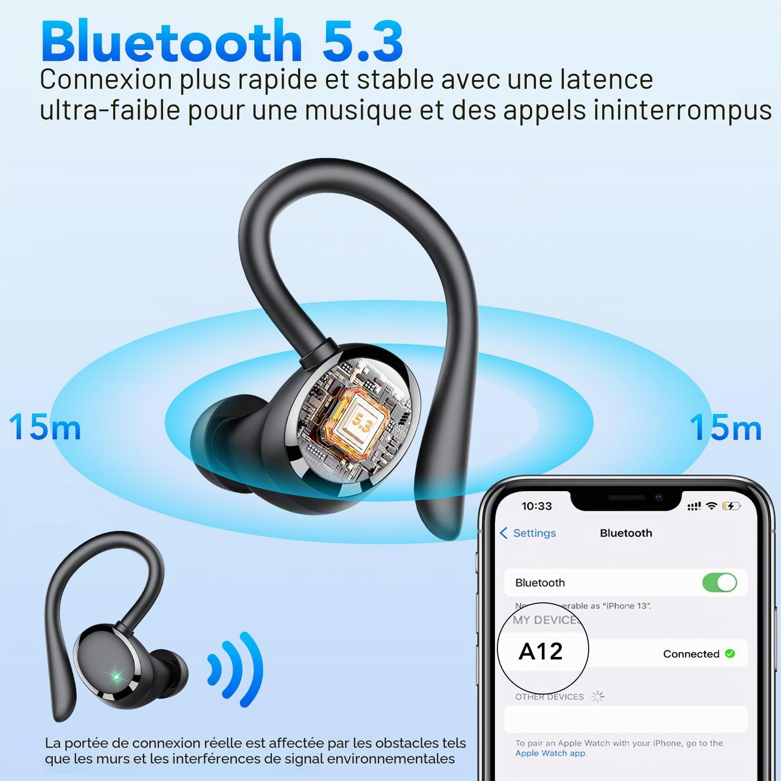 Ecouteurs Bluetooth 5.3 sans Fil, Headphones HiFi Stéréo, Réduction de Bruit ENC 40dB, Casque Sport Écran LED, Écouteurs Étanche IPX7 pour Entraînement/Course à Pied (Noir)