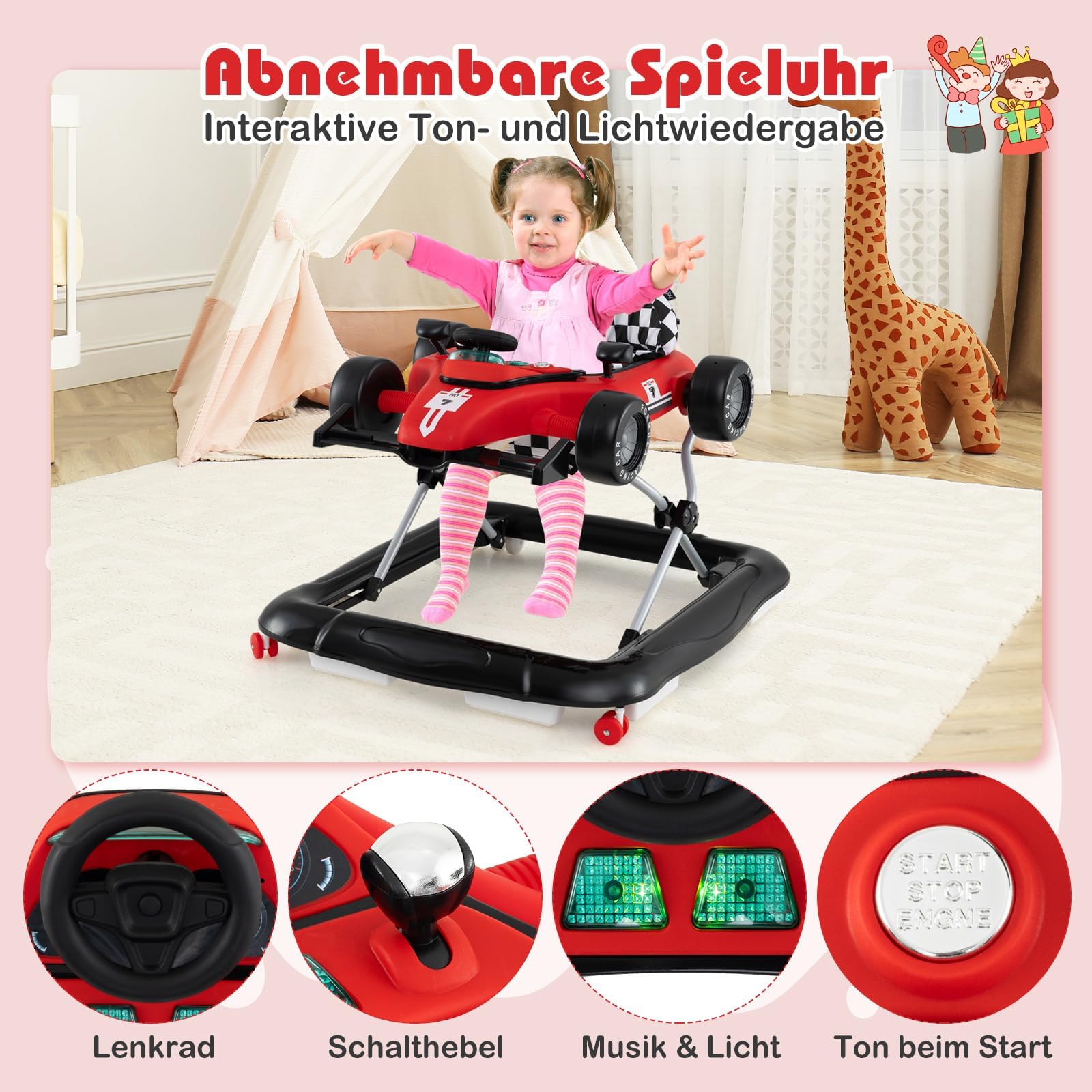 FANTASK 4 in 1 Lauflernhilfe, Lauflernwagen klappbar mit einstellbarer Höhe, mit Lenkrad & Spieluhr, Laufwagen mit Rädern für Baby von 6–18 Monaten