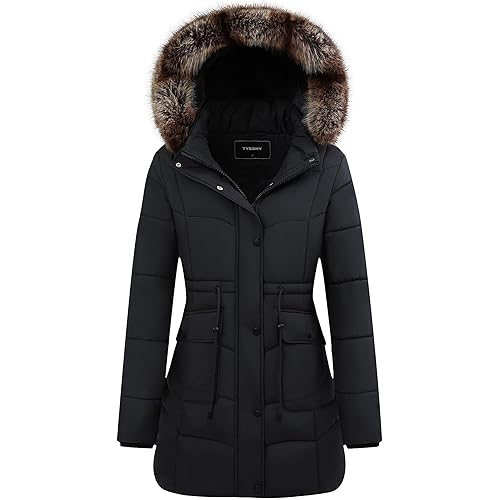 GOLDLADIES Women's Long Winter Puffer Coat Waterproof Jacket Thickened Down Alternative Parka with Detachable Hood